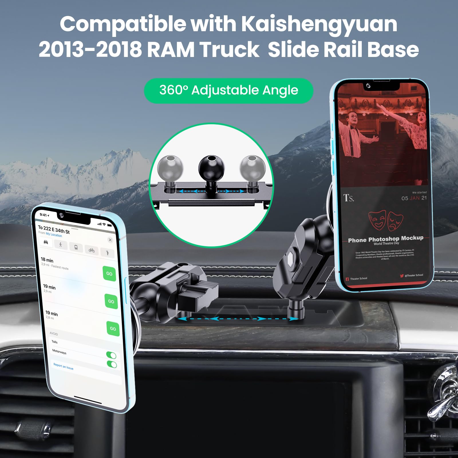 Kaishengyuan Dash Mount Wireless Charger Magnetic Holder With Metal Double Socket Arm & 360 Rotating Extension Mounting Arm & 0.