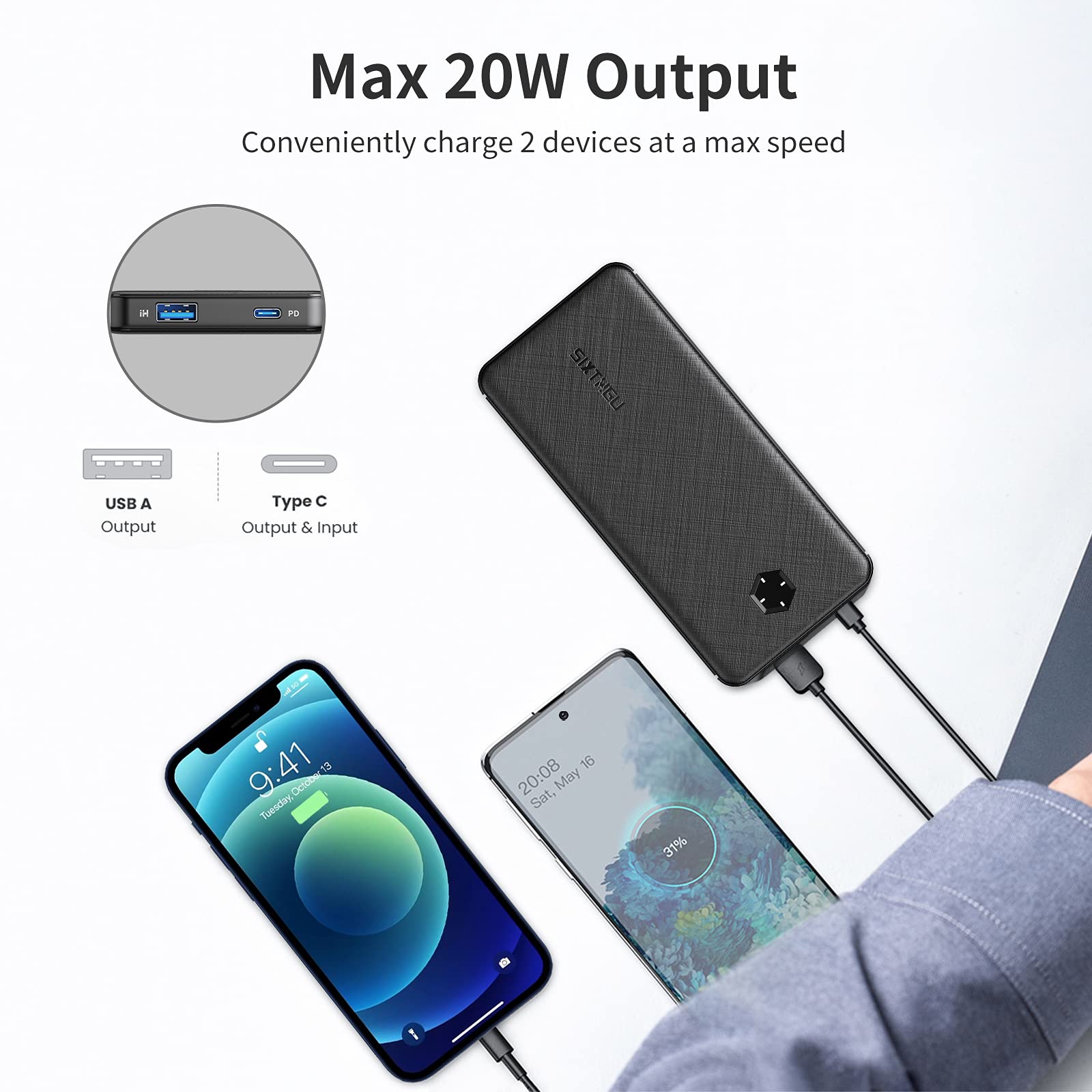 Portable Charger, Slim 10000Mah Pd 20W Power Bank, Usb C In&Out High-Speed Charging Battery Pack, External Phone Powerbank Compa