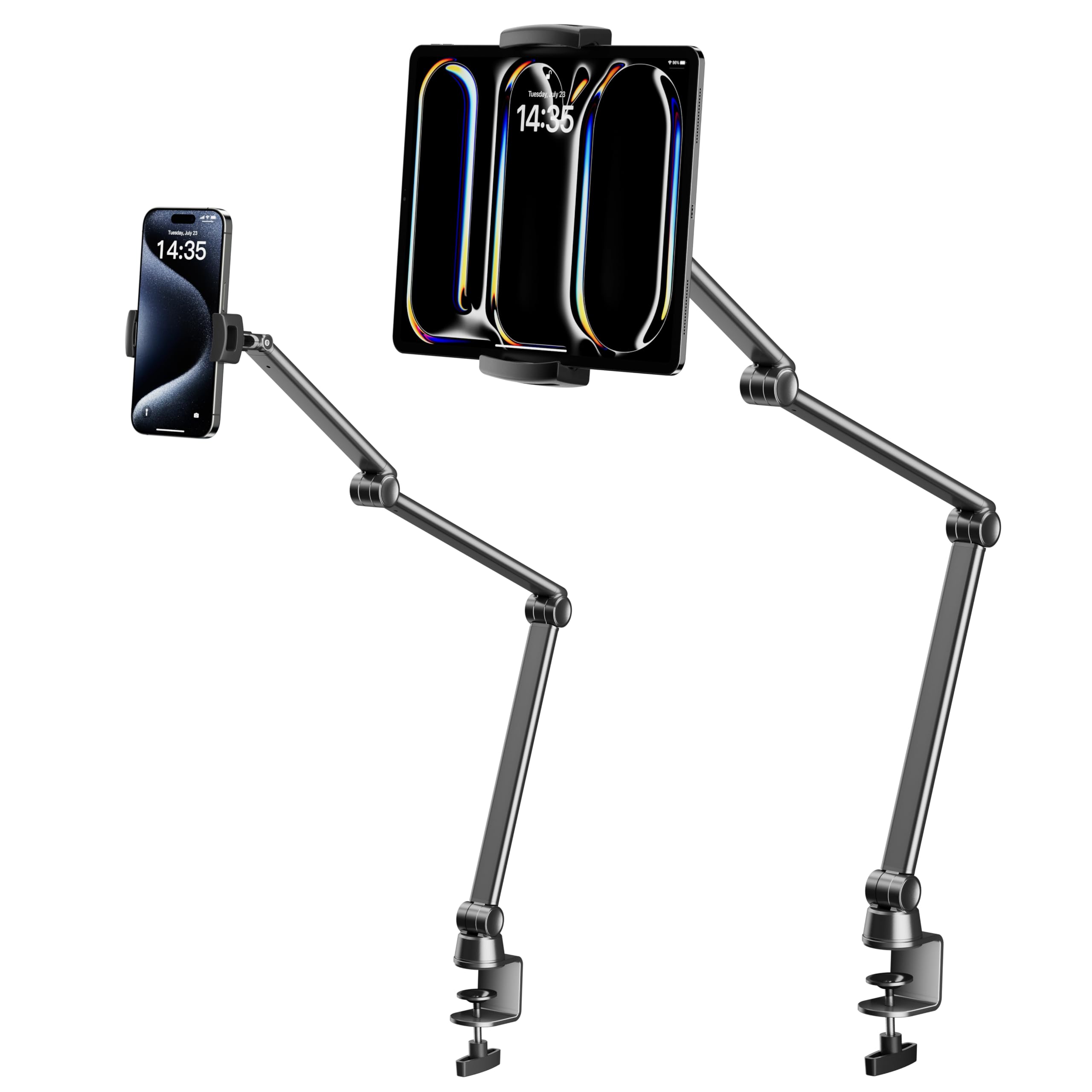 Lululook Ipad Stand For Desk, Aluminum Alloy Ipad Arm Mount, Adjustable Ipad Holder Stand For Ipad Pro 12.9/Ipad Mini Air, Samsung Galaxy, Iphone, Kindle, Portable Monitor Tablet 4.7' 13'(2 Clips)