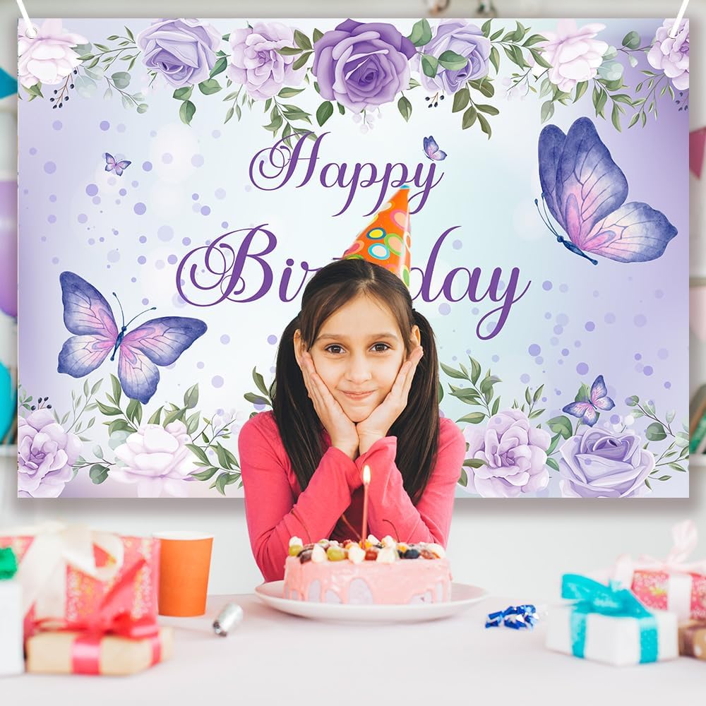 Purple Butterfly Birthday Banner Backdrop For Women Girl (59X36 Inch) Purple Happy Birthday Decorations Banner For Women Rose Fl