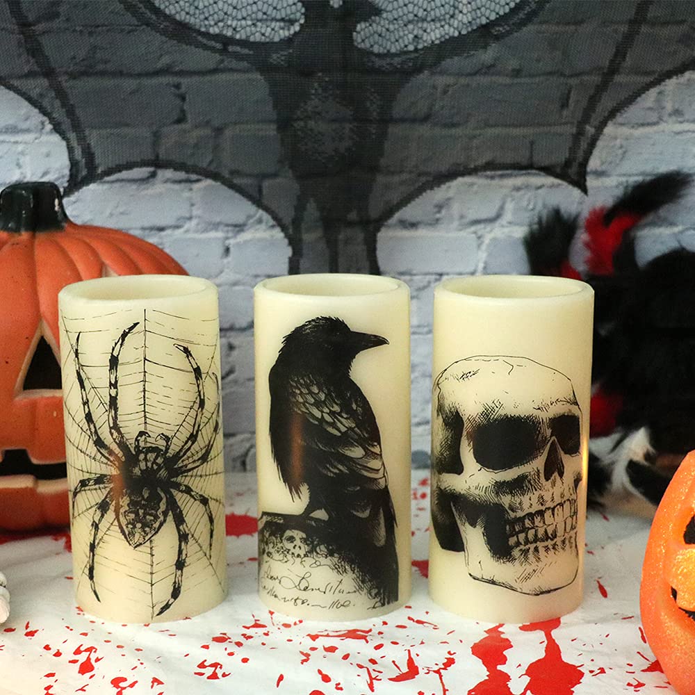 Eldnacele Halloween Flickering Candles With Skull, Spider Web, Crow Raven Decals Set Of 3, Battery Operated Halloween Themed Led