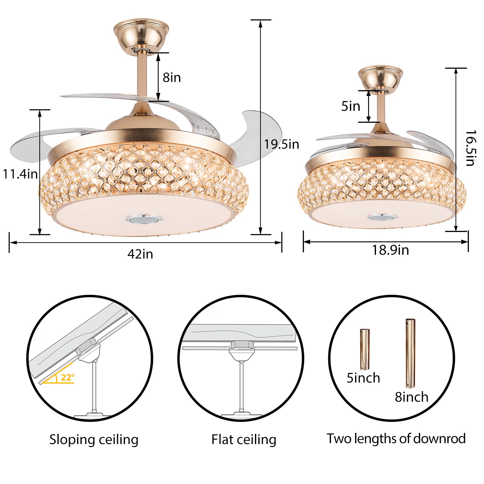 42 Inch Retractable Invisible Ceiling Fan With Light And Bluetooth Speaker, Modern Bluetooth Fan Chandelier With Remote Control