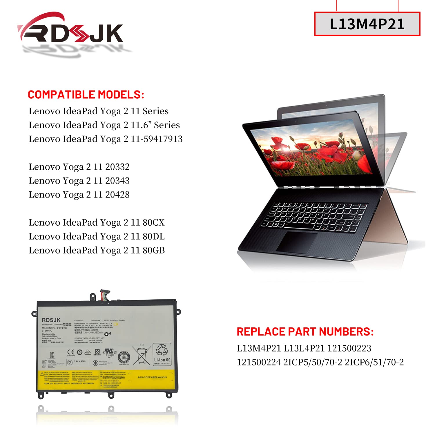Rdsj L13M4P21 L13L4P21 Laptop Battery For Lenovo Ideapad Yoga 2 11 11 59417913 20332 20343 20428 80Cx 80Dl 80Gb 11.6'' Series 12