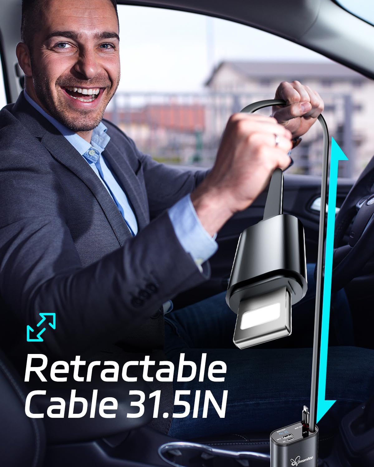 Dreambee Retractable Car Charger,Super Fast Usb Car Iphone Charger,Dual Iphone Retractable Cables (31.5 Inch) And 2 Usb Ports Ca