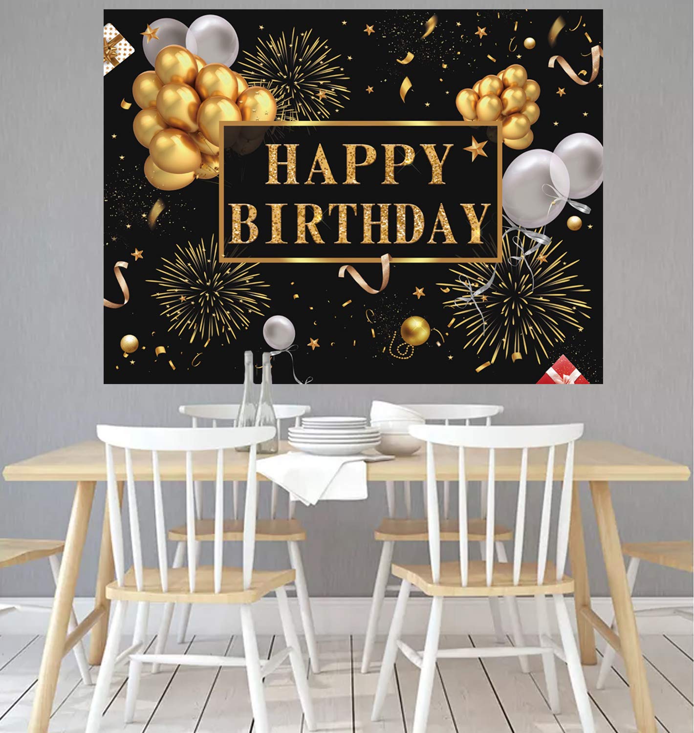 Saliyaa 7X5Ft Happy Birthday Backdrop Banner, Birthday Party Decor,Black Gold Poster Photo Booth Backdrop Background Banner For