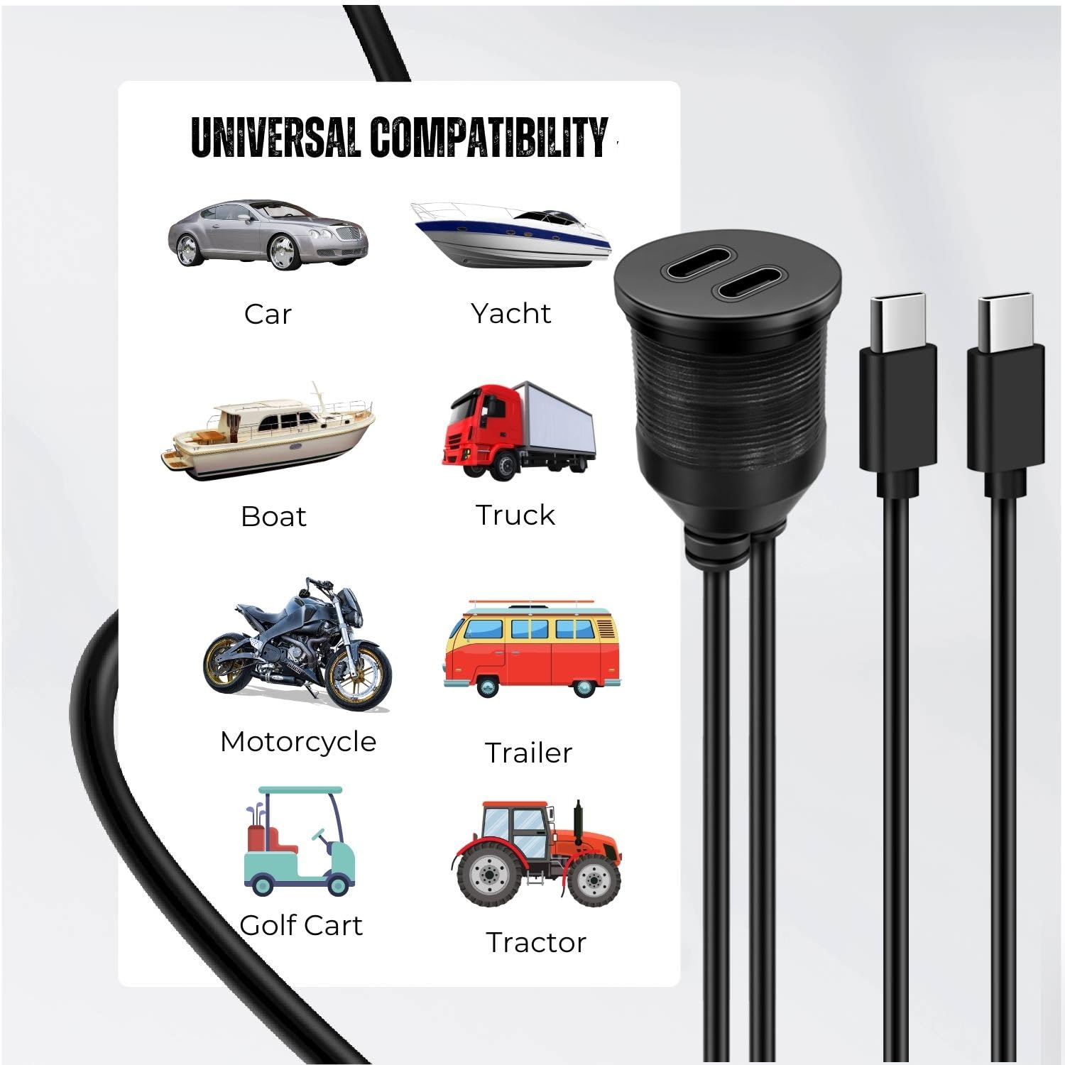 TNP Dual USB C 3.0 Flush Mount Extension Cable for Car Dashboard 6ft Black
