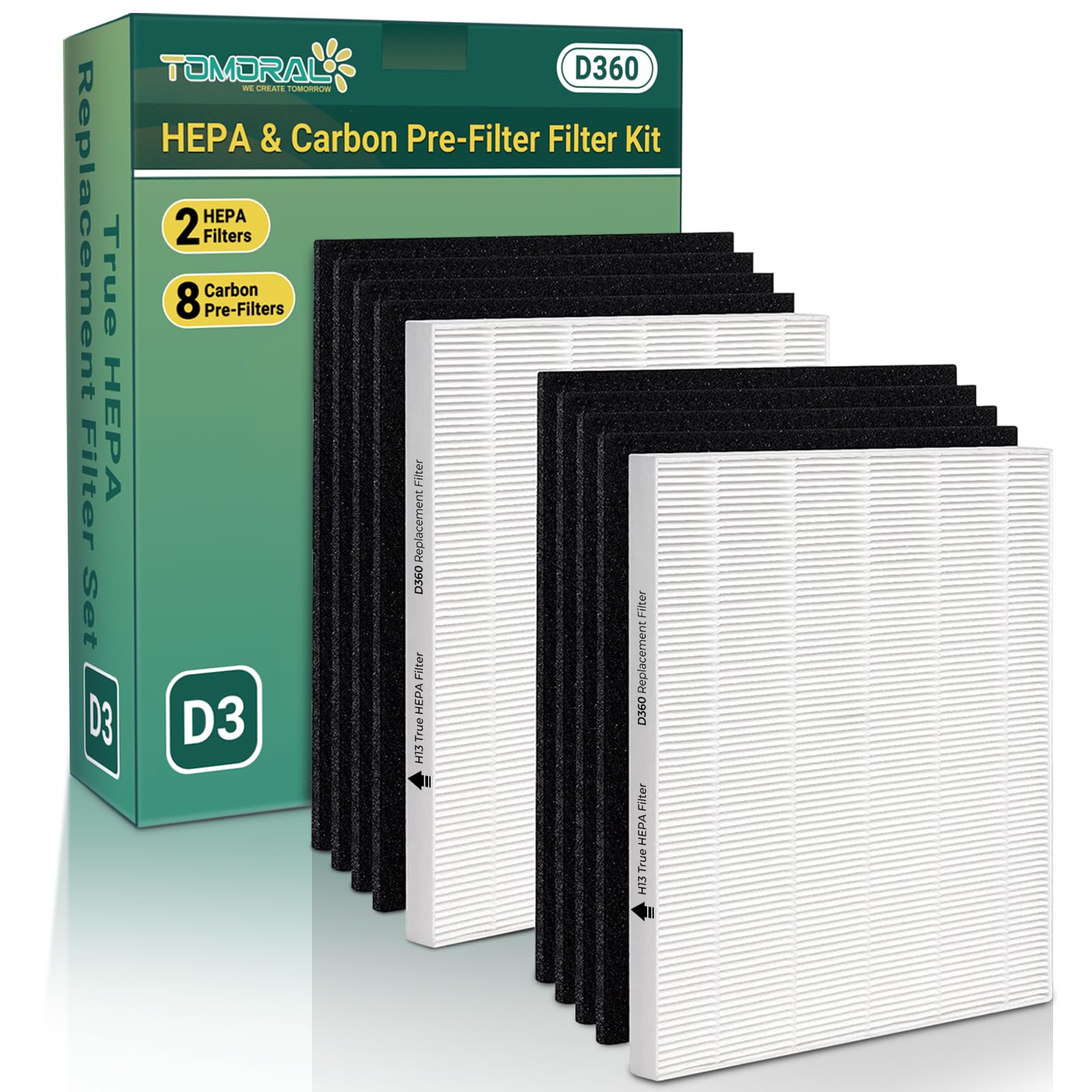 Tomoral D360 Replacement Filter D3 For Winix Air Cleaner Purifier D360, 2 True Hepa(H13) Filter & 8 Activated Carbon Filters, Pa
