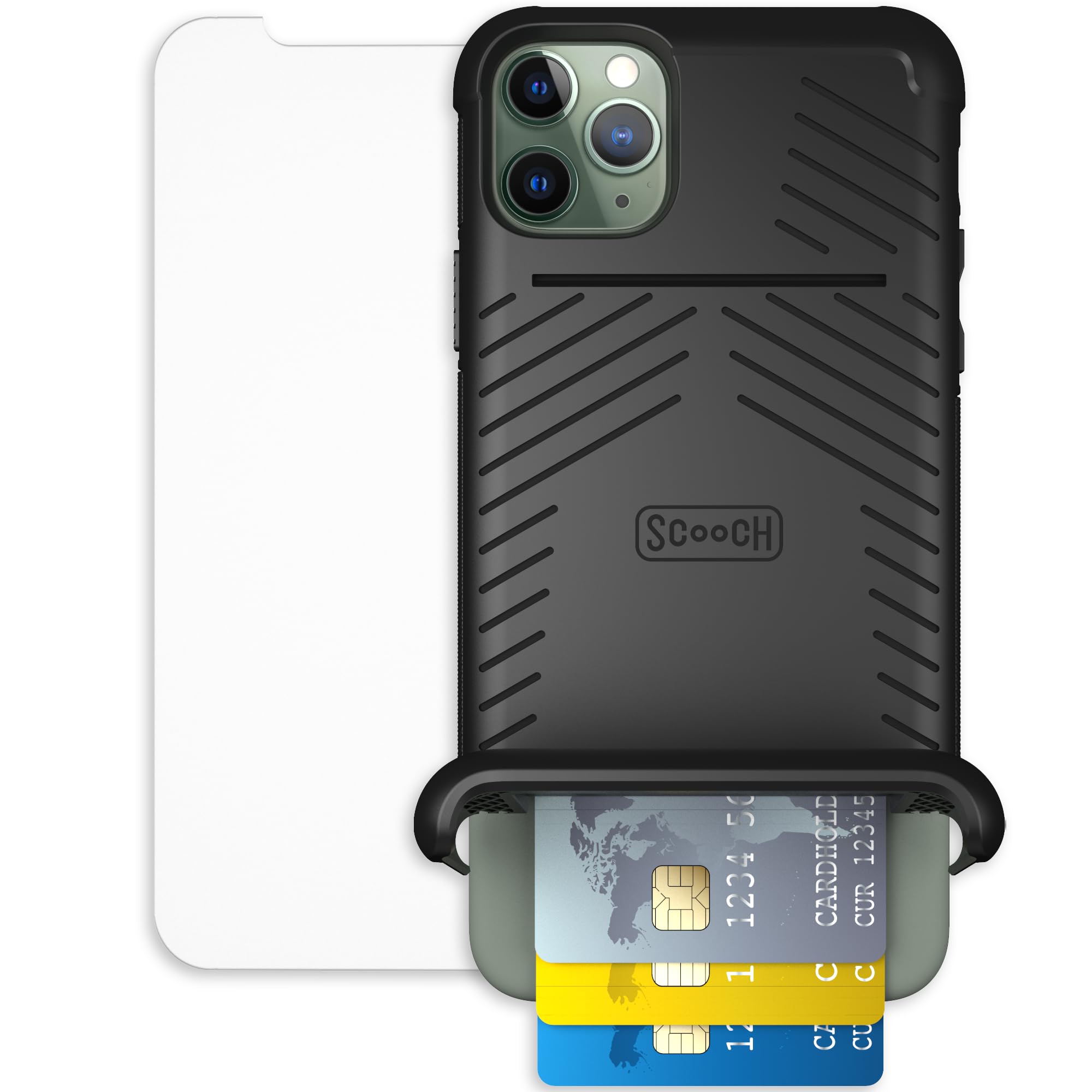 Scooch for iPhone 11 Pro Max Case with Card Holder, Wingmate Wallet Case Black, Bundled with Tempered Glass Screen Protector