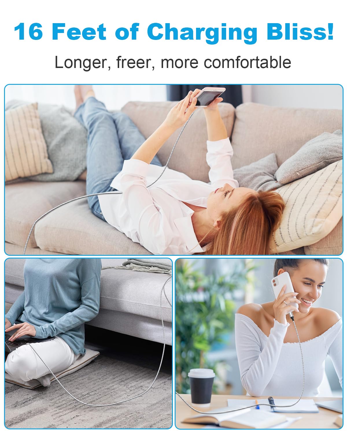 16 Ft Extra Long Iphone Charger Cord [Apple Mfi Certified] Braided Iphone Charger Fast Charging Usb To Lightning Cable For Iphon