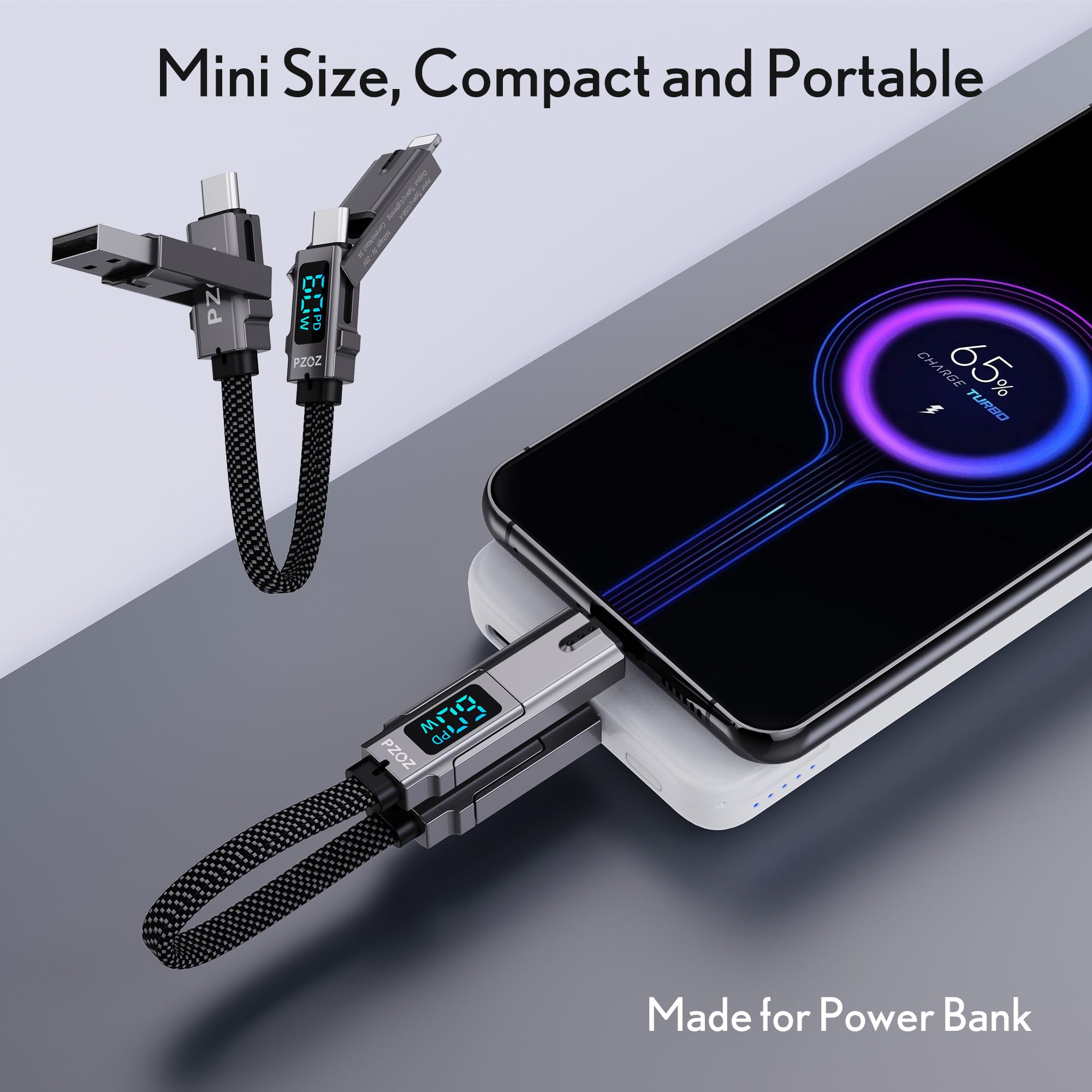 Pzoz Multi Charging Cable Keychain Charger Cable With Led Display, 4 In 1 Multi Usb C Fast Charging Combo Lightning/Type C/Usb A