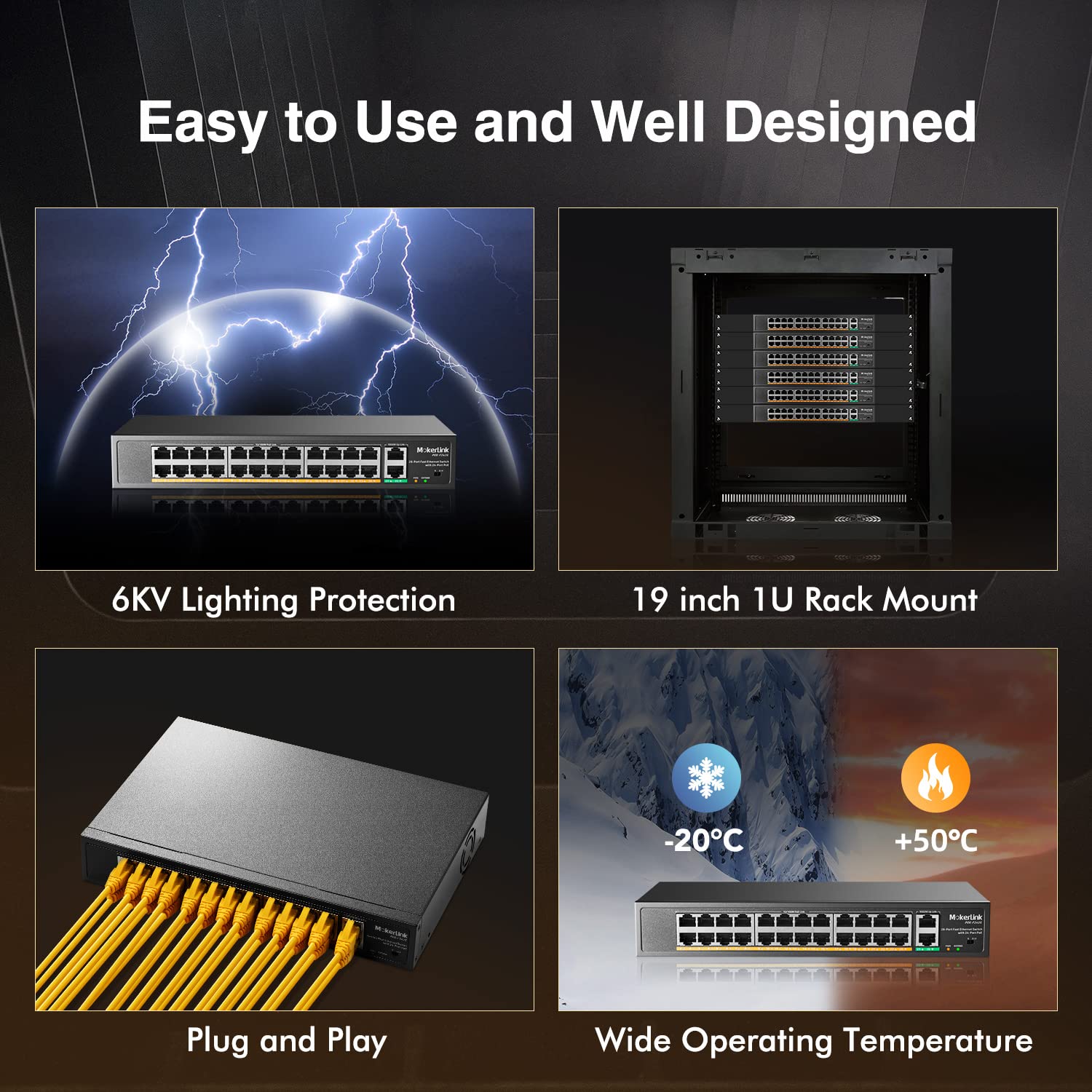 Mokerlink 24 Port Poe Switch With 2 Gigabit Uplink Ethernet Port, 400W High Power, Support Ieee802.3Af/At, Rackmount Unmanaged P