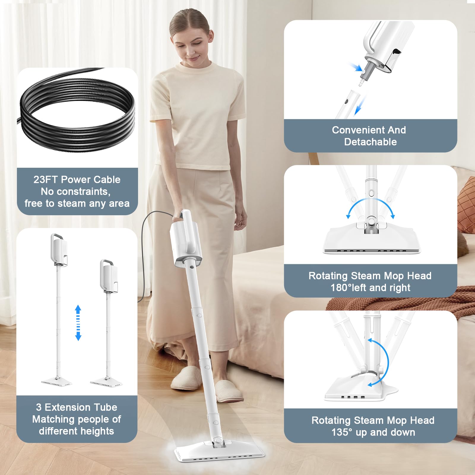 Steam Cleaner, 6 In1 Rotated Steam Mop Cleaner With 2 Modes, 2 Microfiber Pads, 400Ml Removable Tank, 23Ft Power Cable, Detachab