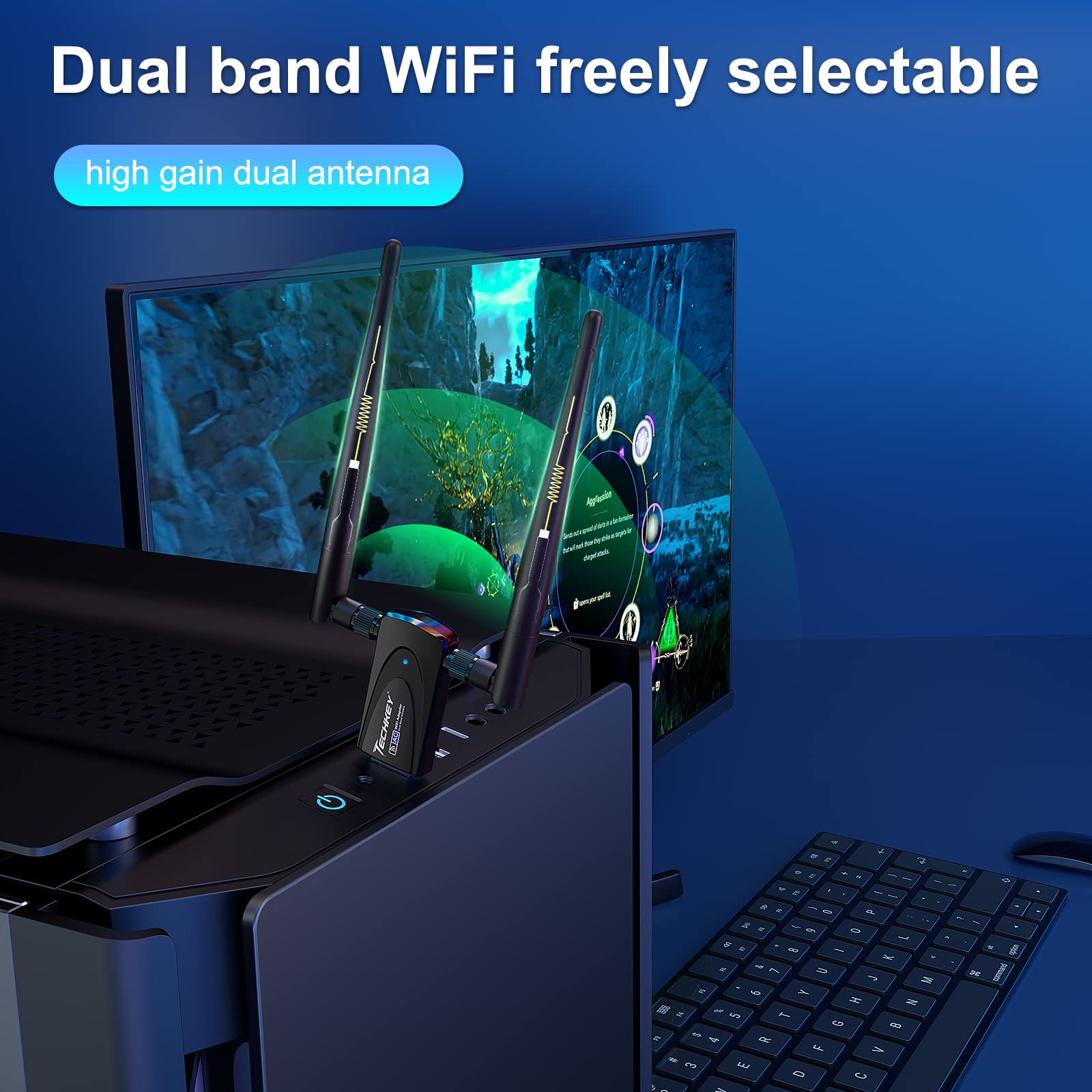 Wireless Usb Wifi Adapter For Desktop Pc, Techkey Ac1300Mbps Network Dongle With Dual Band 2.4Ghz/400Mbps 5Ghz/867Mbps 5Dbi High