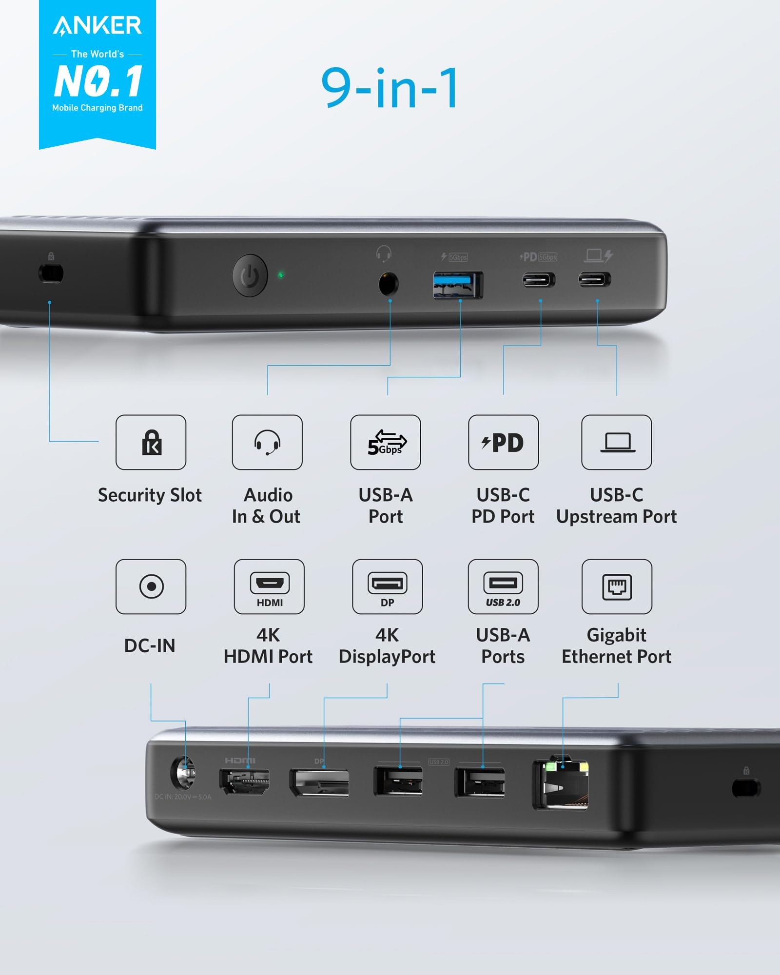 Anker Usb C Docking Station, Powerexpand 9 In 1 Pd Dock, 60W Charging For Laptop, 20W Power Delivery, 4K Hdmi And Displayport, U