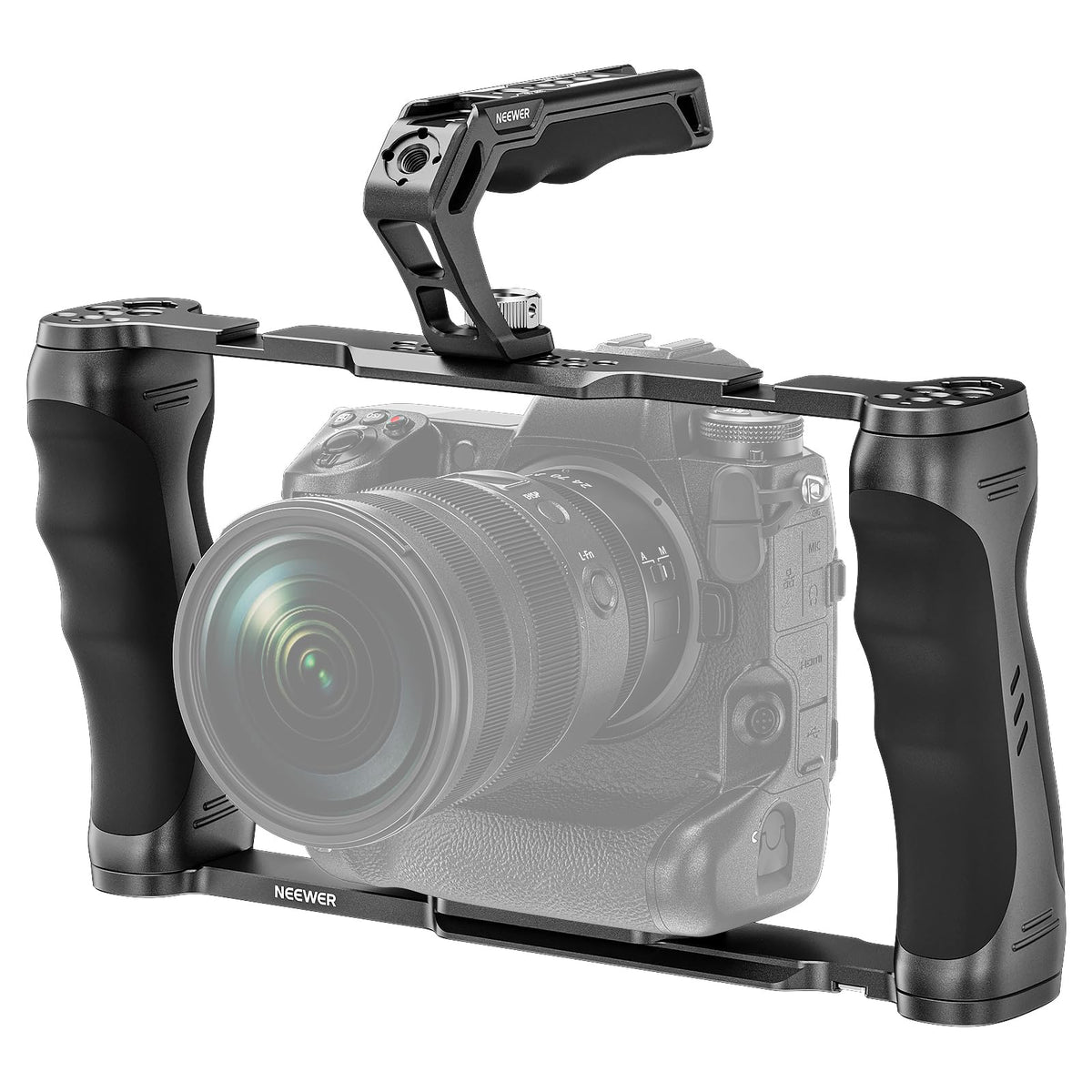 Neewer Universal Camera Cage & Top Handle With 3/8'' Arri Locating Pins Kit, Video Rig Camera Stabilizer With Arca Type Base, Du