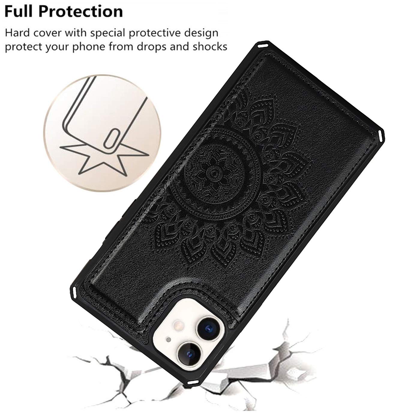 Cavor For Iphone 11 Embossed Mandala Pattern Flower Pu Leather Wallet Case With Card Holder Shockproof Cover   Black