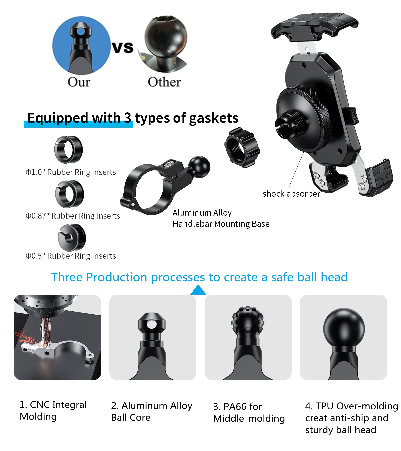 Kewig Motorcycle Phone Mount With Vibration Dampener, Antishake Bike Phone Mount, One Push Automatically Lock & Quick Release Mo
