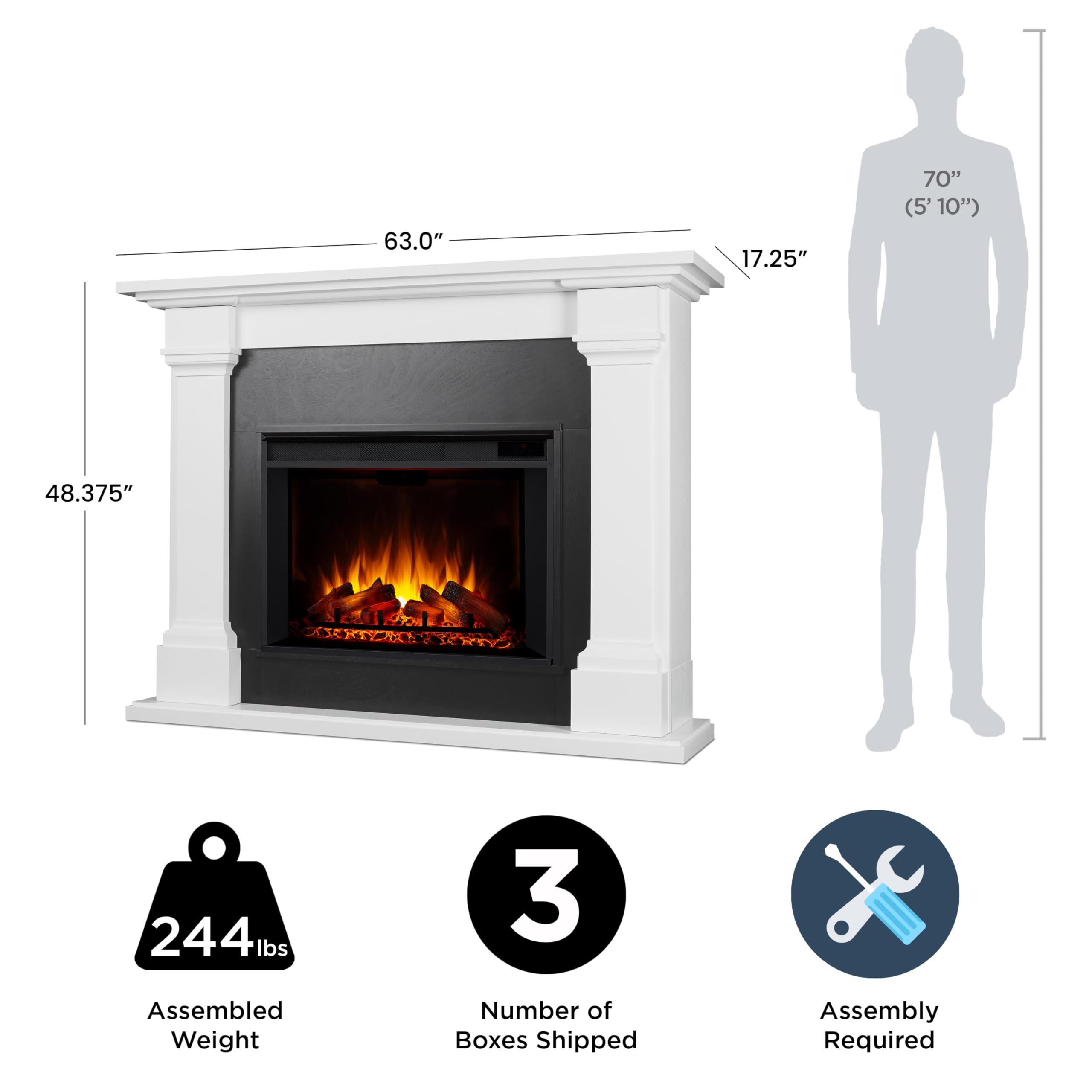 Real Flame Callaway 63'' Grand Electric Fireplace In White, Free Standing Oversized Indoor Electric Fireplace With Mantel, Adjus