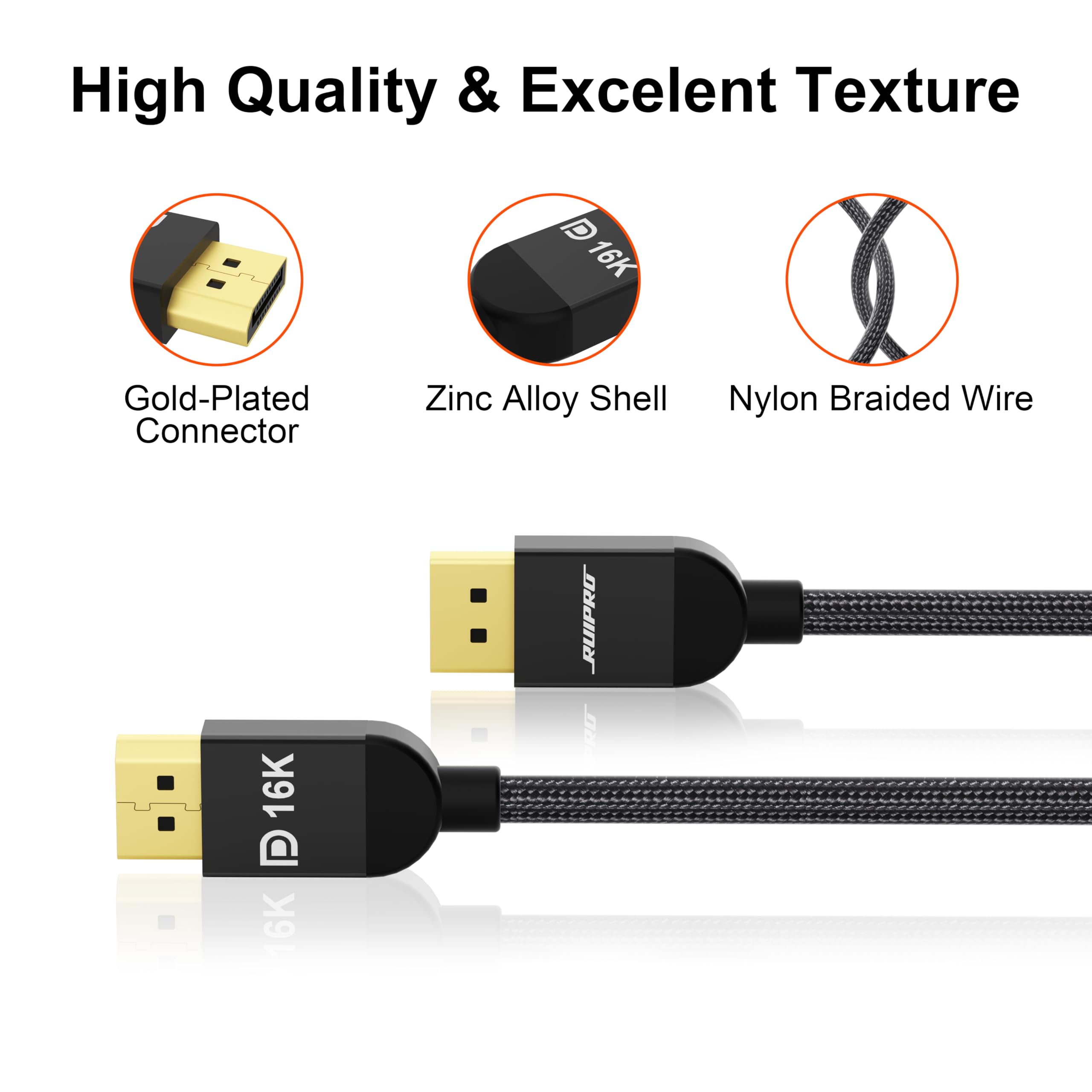 RUIPRO DisplayPort 2.1 Cable 10FT, 80Gbps UHBR20, 16K@60Hz, Black, Model SNCDP21V-3M,