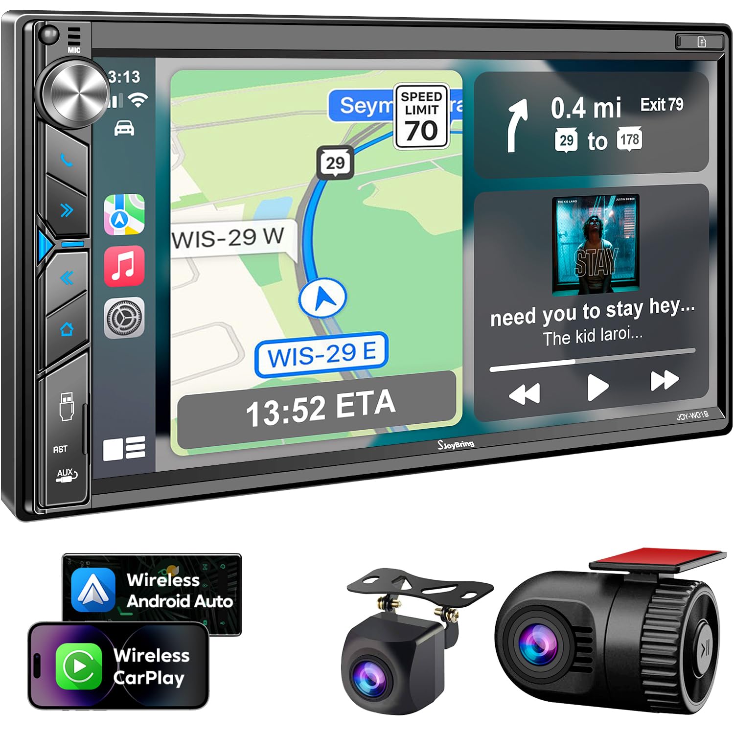 Double Din Car Stereo With Dash Cam   Voice Control Carplay, Android Auto, Steering Wheel Controls, 7'' Hd Touchscreen, Backup C