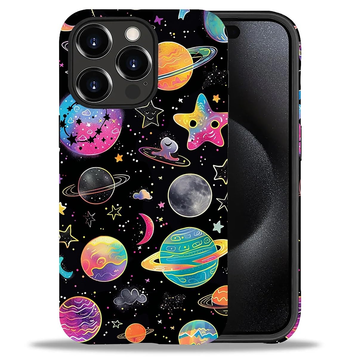 WANKBLC Compatible with iPhone 15 Pro Max Matte Case, Rainbow Planet Stars Space Pattern for Girl Full Body Design Soft Silicone