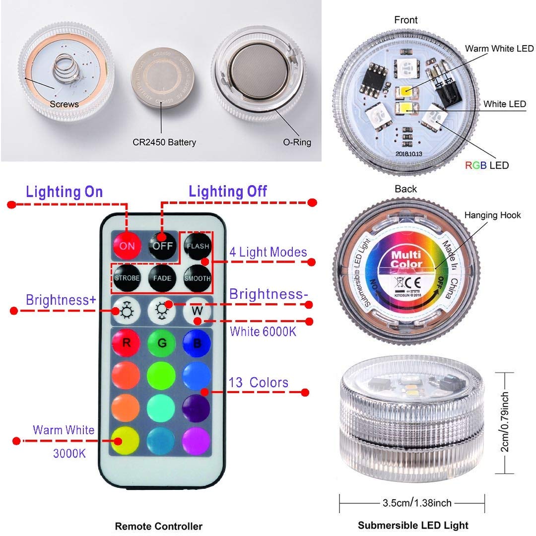 Kucam Mini Submersible Led Lights, Waterproof Small Led Tea Lights Candle With Remote Battery Operated,Rgb Color Changing For Va