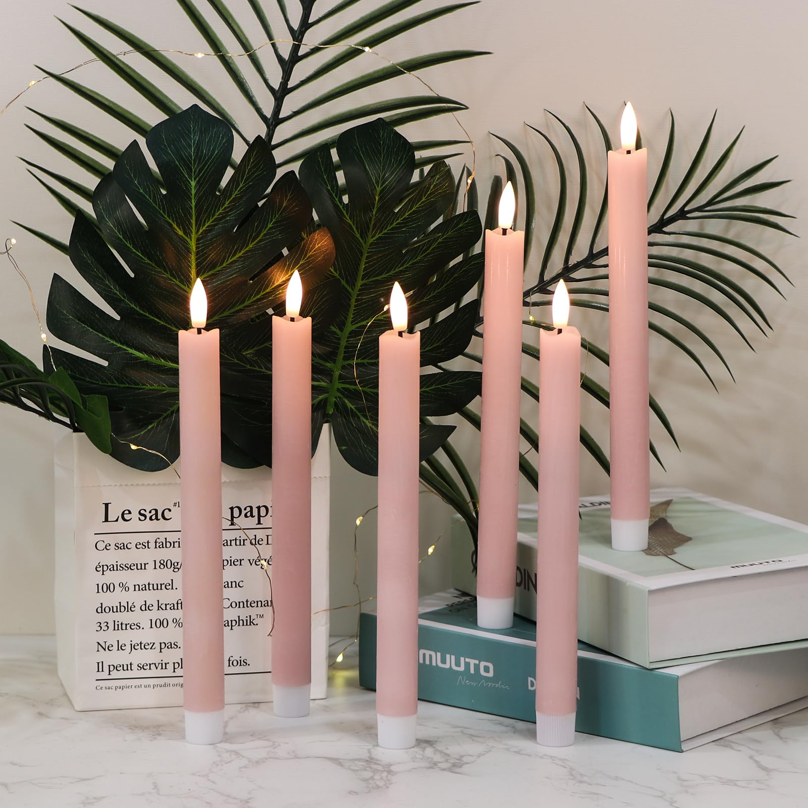 Genswin Flameless Pink Taper Candles Flickering With 10 Key Remote, Battery Operated Led Warm 3D Wick Light Window Candles Real