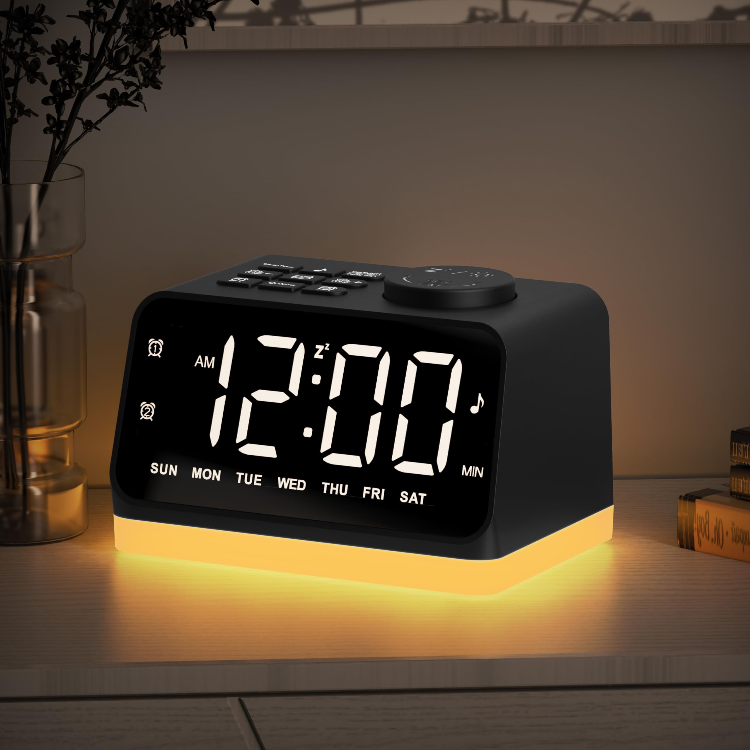 Digital Alarm Clock With Fm Radio For Bedroom, 8 Colors Night Light With 2 Charging Port, Sleep Sound Machines With Timer, Dual 