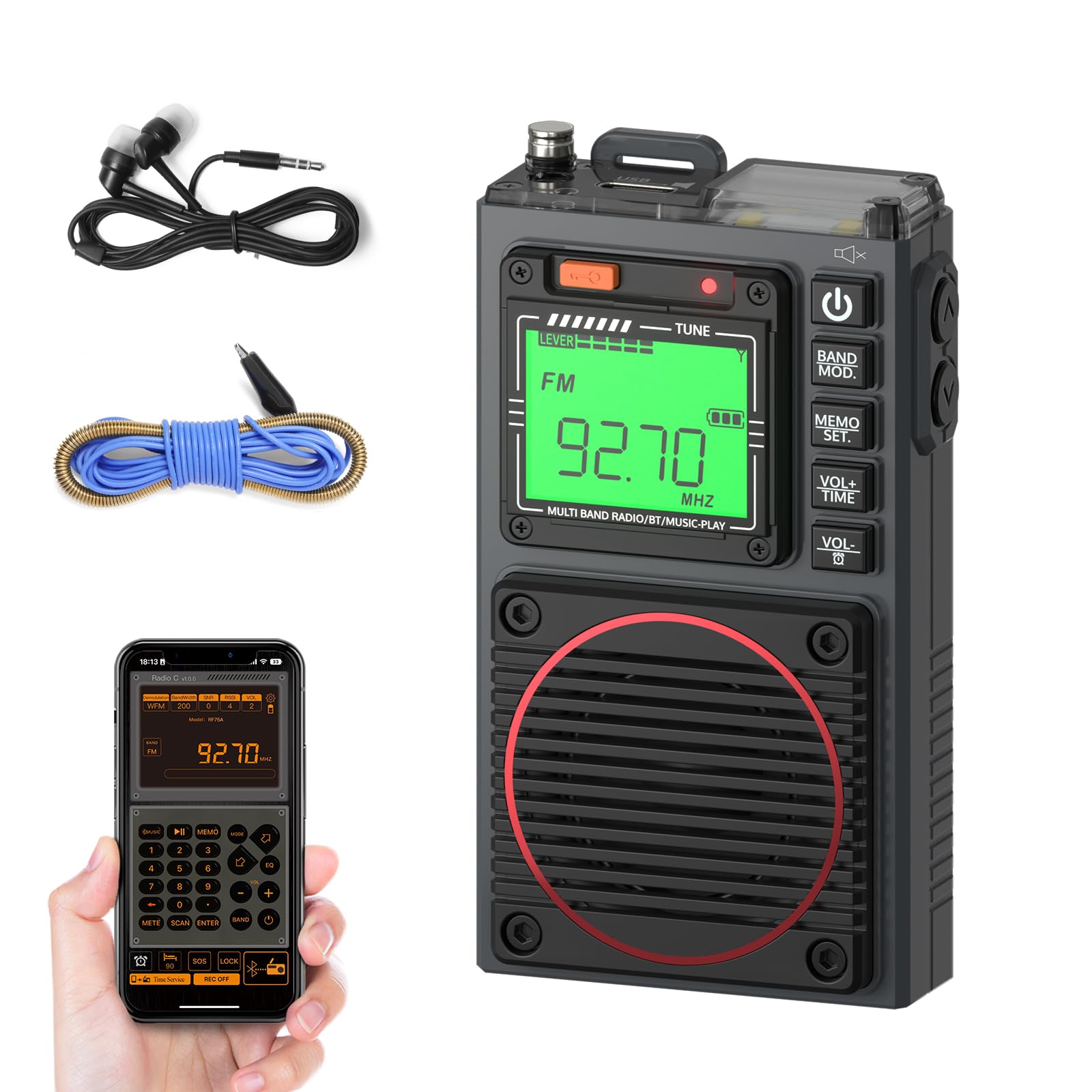 Raddy Rf75A App Control Shortwave Radio, Portable Am/Fm/Vhf/Sw/Wb Weather Radio, Pocket Radio Rechargeable W/ 9.85 Ft Wire Anten