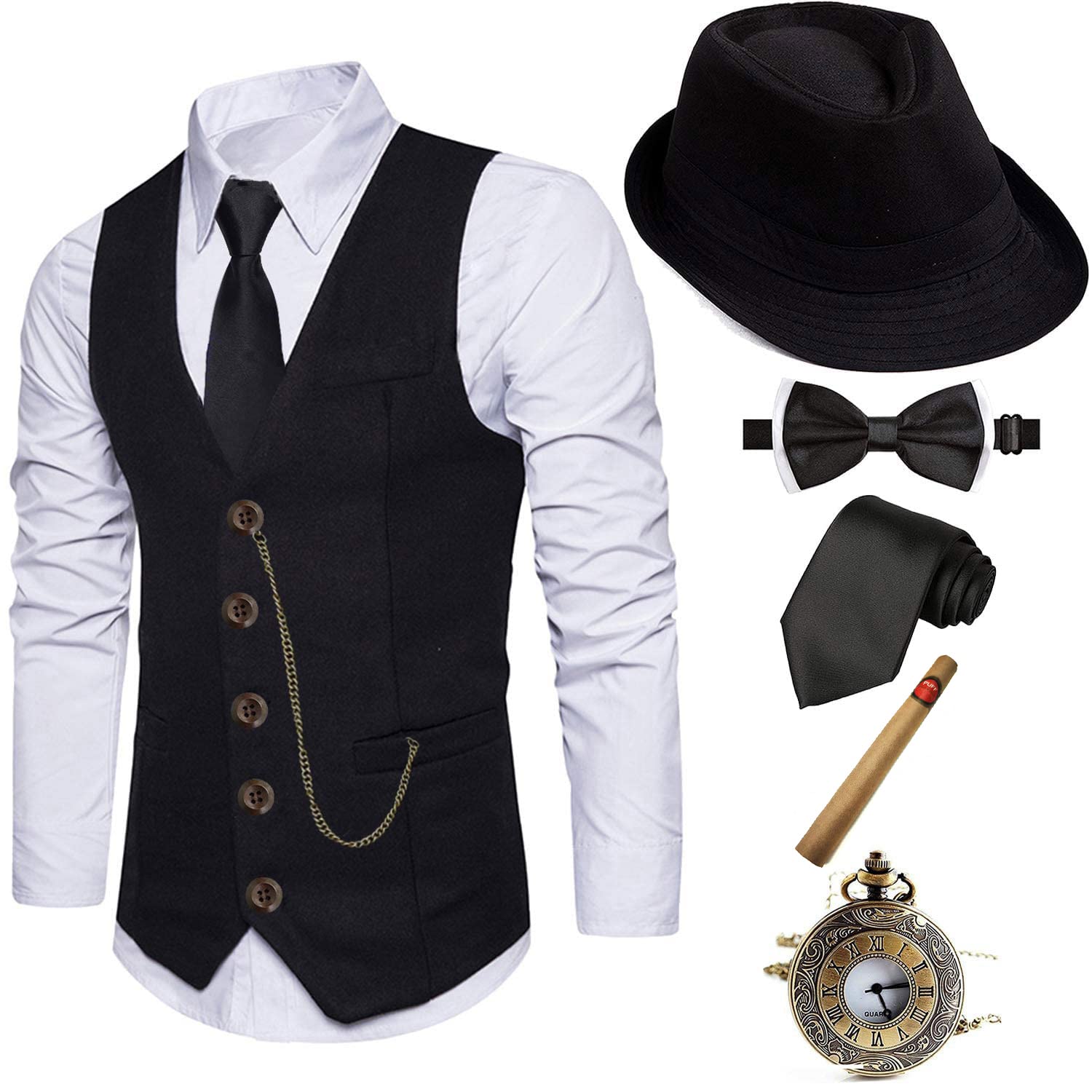 Eforled 1920S Mens Costume Fedora Hat,Gatsby Gangster Vest,Vintage Pocket Watch,Pre Tied Bow Tie,Tie,Cc L