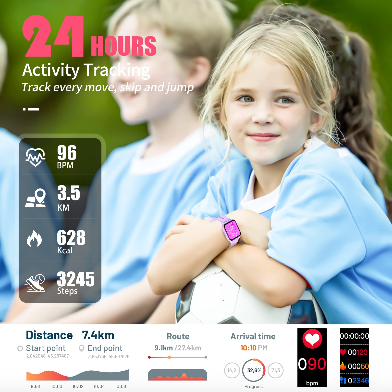 Hengto Kids Smart Watch With 20 Sports Modes, Fitness Tracker For Girls Boys Age 6+ With Sleep Monitor, Step Counter, Alarm Cloc