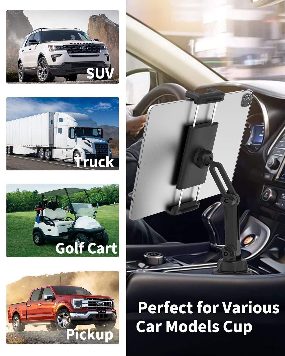Dosvsi Car Cup Holder Tablet Mount For Ipad, [Height & Angle Adjustable] Truck Cup Mount Tablet Holder, Stable Vehicle Cup Stand