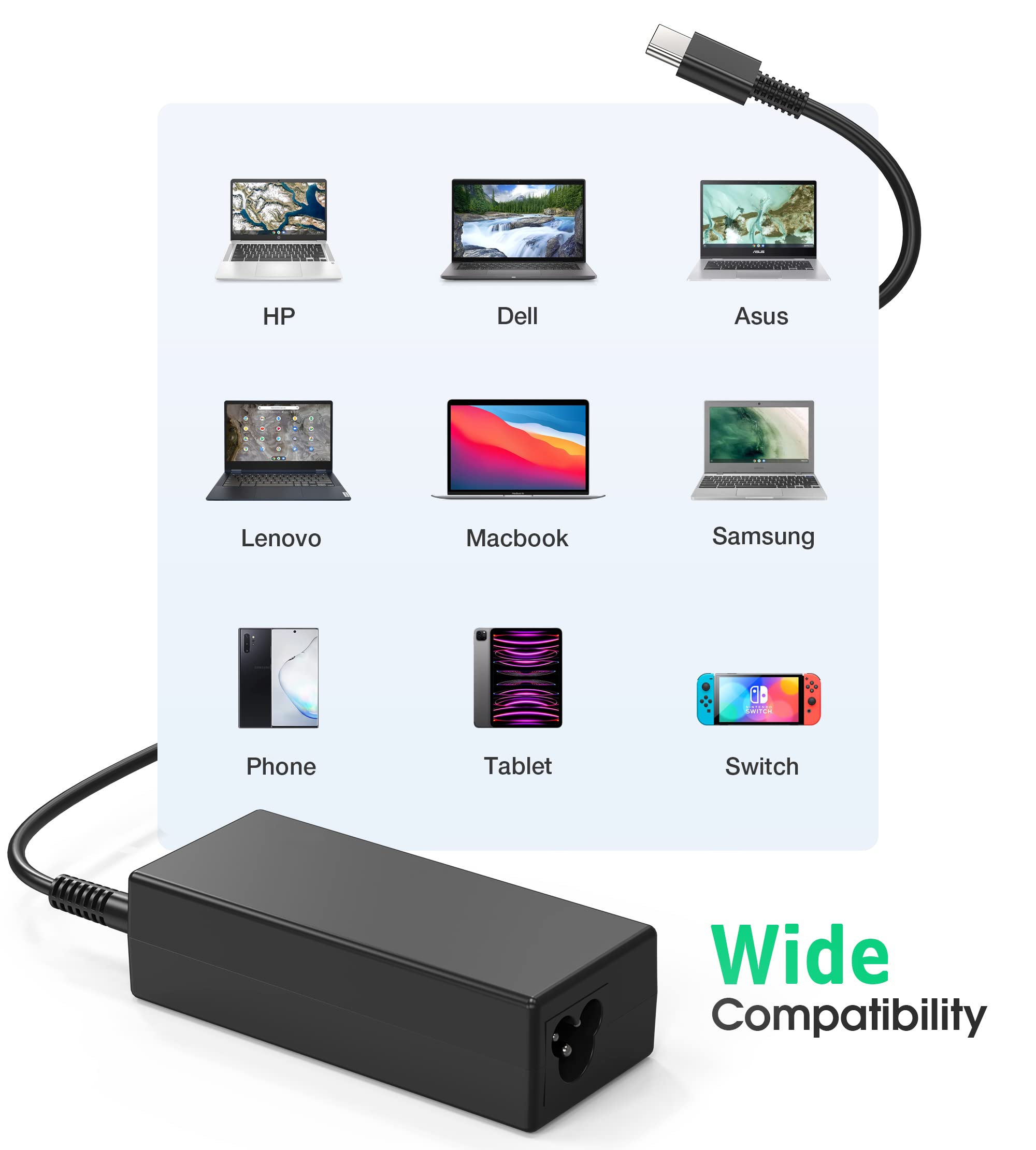 Usb C Laptop Charger, 65W Chromebook Charger Compatible With Hp Lenovo Dell Asus Acer Samsung Google Chromebook Fast Charger Typ