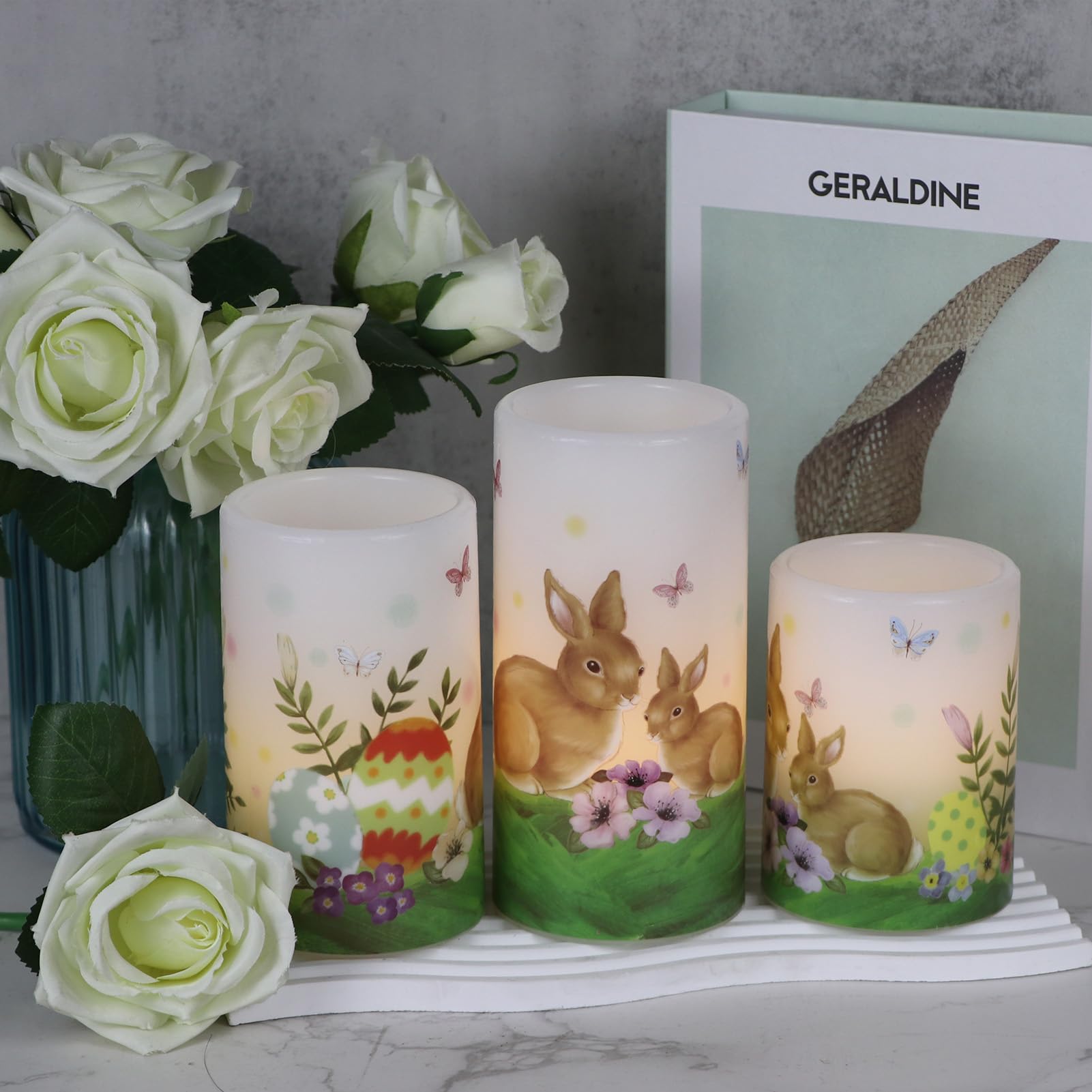 Wondise Easter Bunny Flameless Candles With 6Hrs Timer, Battery Operated Pillar Candles With Easter Eggs Lilies Real Wax Flicker