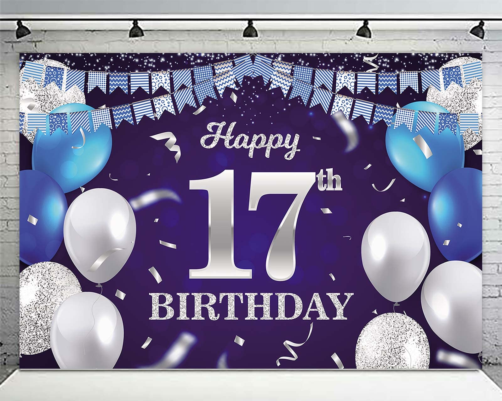 Happy 17Th Birthday Banner Backdrop Navy Blue Balloons Confetti Stripe Flag Light Spots Cheers To 17 Years Old Theme Decorations