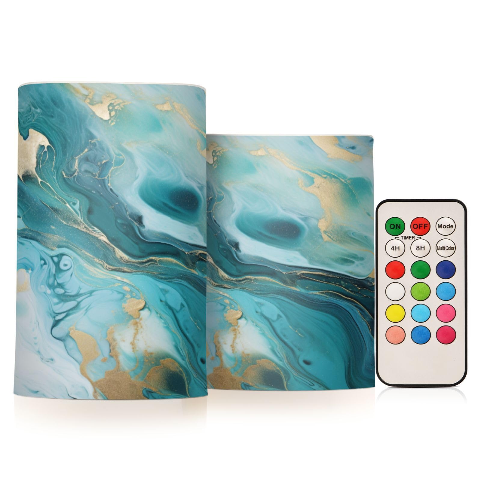BOENLE Flickering Flameless Candles, Turquoise Blue Marble Texture LED Candles with Remote Timer, Set of 2 Battery Operated Cand