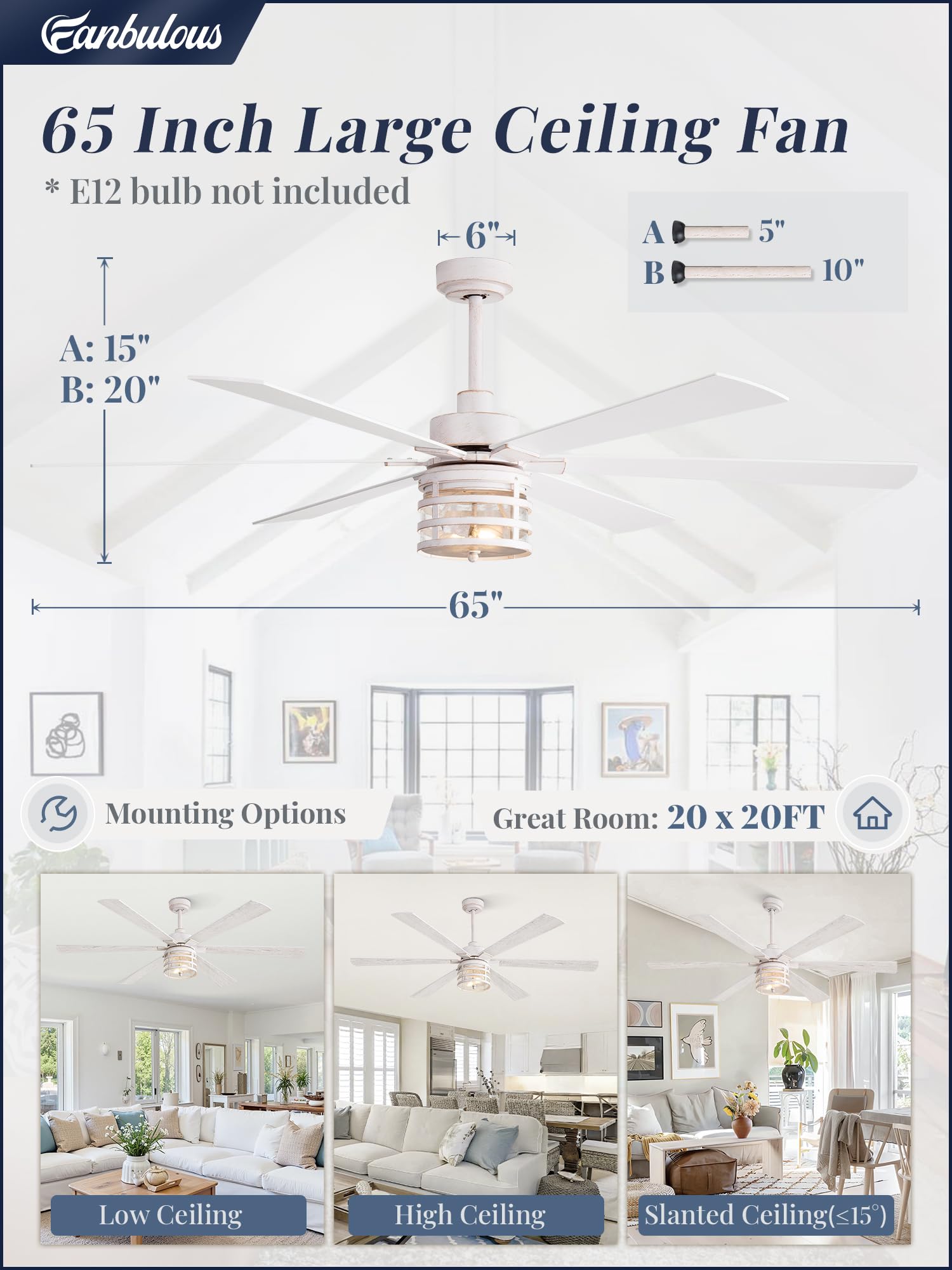 65 Inch Modern Ceiling Fans With Lights And Remote,Farmhouse Large Ceiling Fan With 6 Speed Reversible Dc Motor And 6 Dual Finis