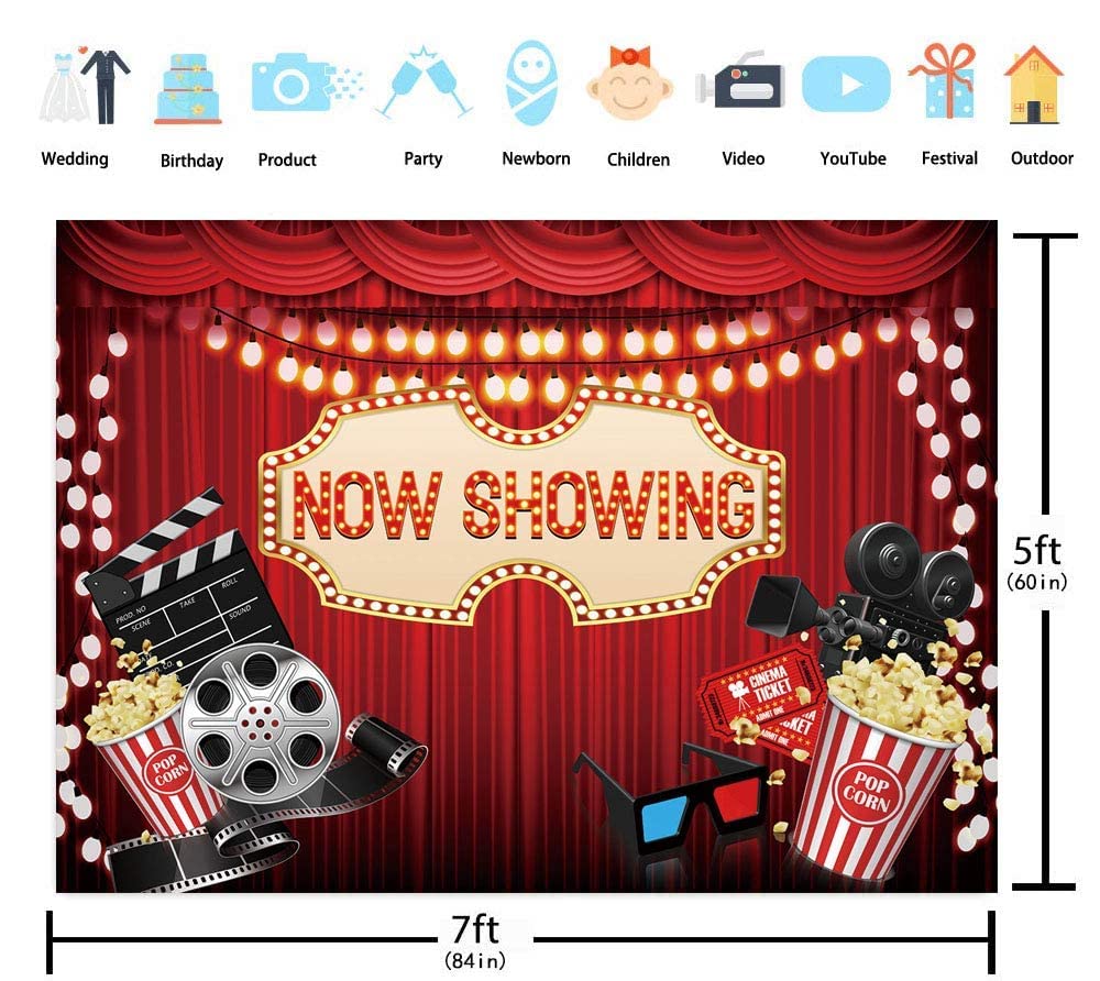 Binqoo Movie Night Backdrop Now Showing Red Photography Backdrop Movie Cinema Night Birthday Party Decorations Banner Photo Boot