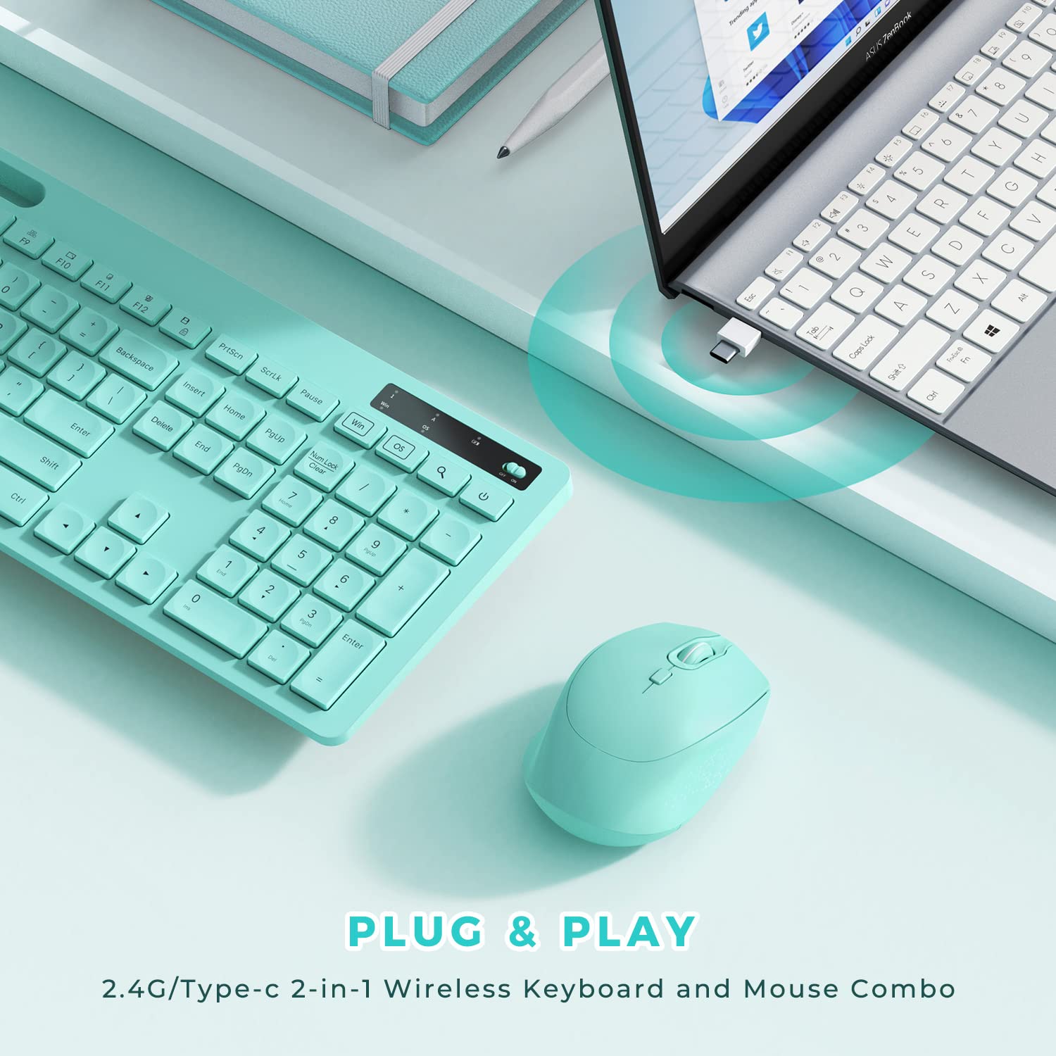 Vivefox Teal Wireless Keyboard With Phone Holder Usb A & Type C Receiver Mint Keyboard And Mouse Compatible For Windows, Mac, Ma