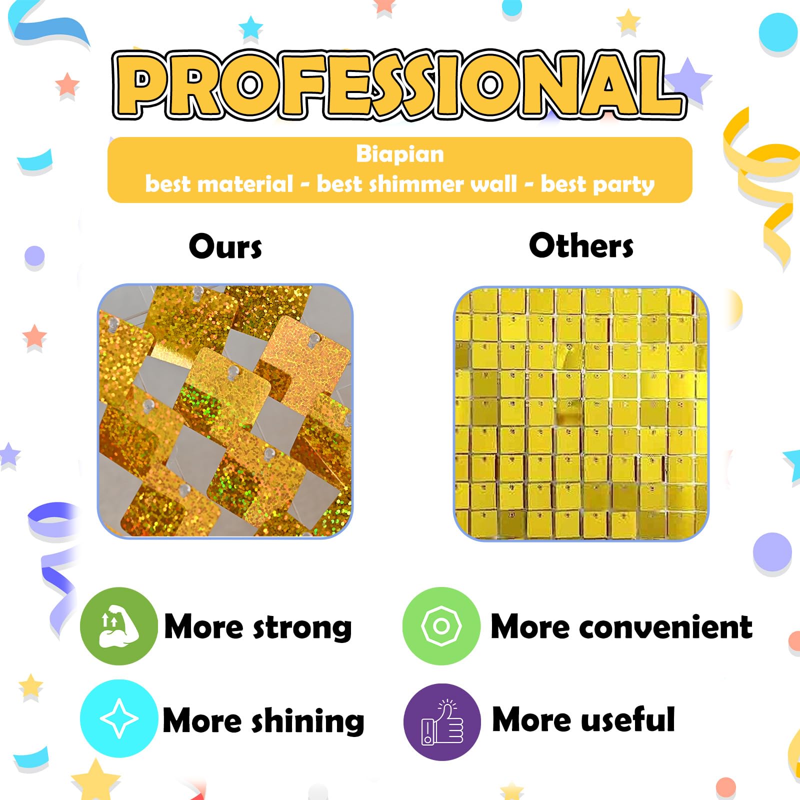 Biapian Gold Shimmer Wall Backdrop, 24Pcs Square Sequin Shimmer Wall Panels Color Laser Gold Glitter Photography Props For Party