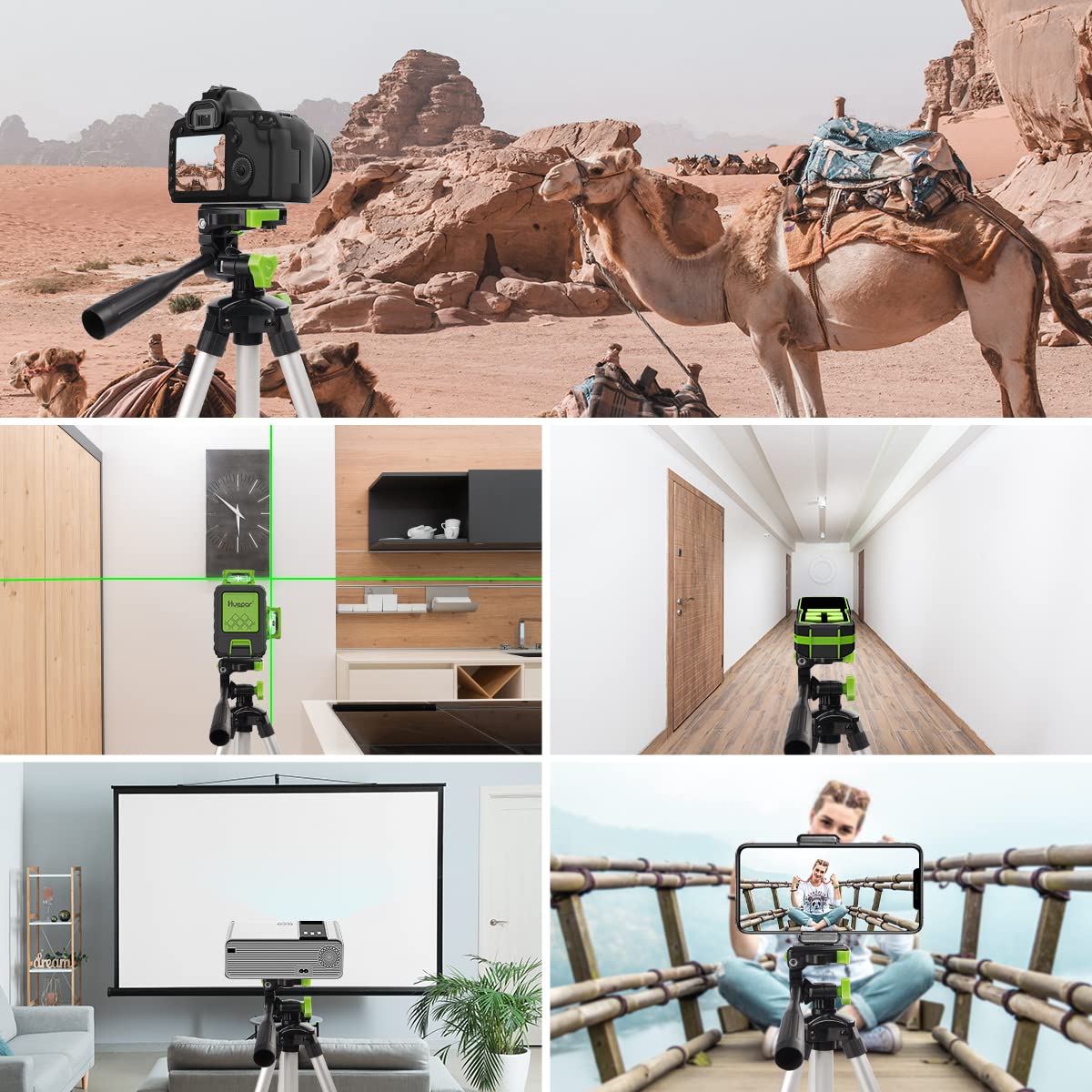 Huepar Tpd05 19.7' Lightweight Aluminum Tripod Mini Portable Adjustable Tripod For Laser Level And Camera, With 3 Way Flexible Pan Head And Bubble Level, Quick Release Plate With 1/4' 20 Screw Mount