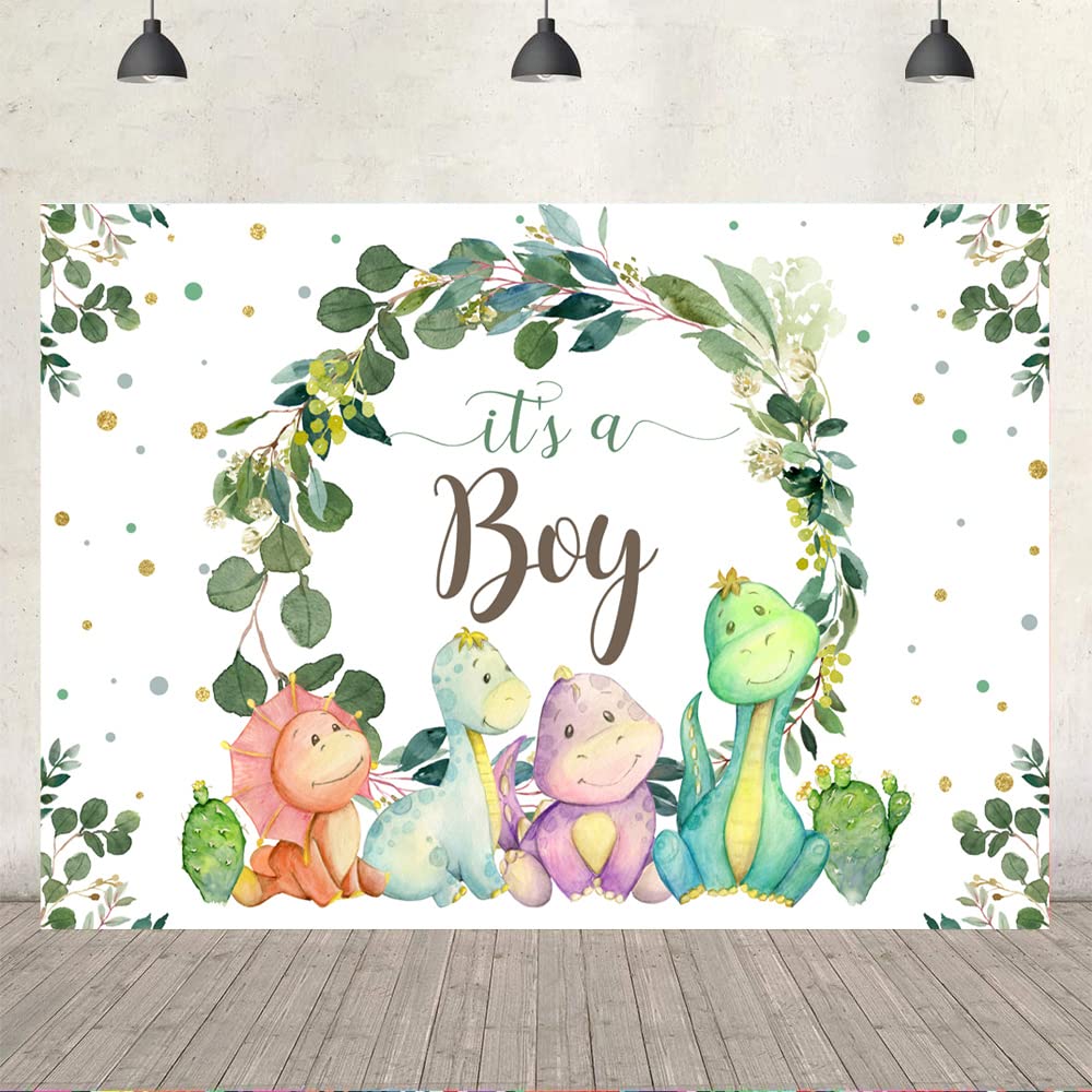 5X3Ft It'S A Boy Backdrop Baby Shower Cartoon Dinosaur Cactus And Eucalyptus Leaves Photography Background Kids Party Supplies C
