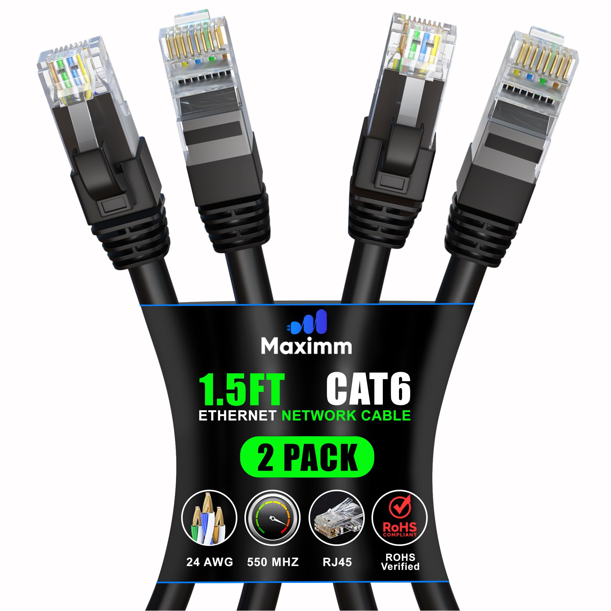 Maximm Cat 6 Ethernet Cable 1.5 Ft (2 Pack)   High Speed Lan Cable, Internet Cable, Patch Cable, And Network Cable   Utp, 10Gbps, 550Mhz Ethernet Cord   Black