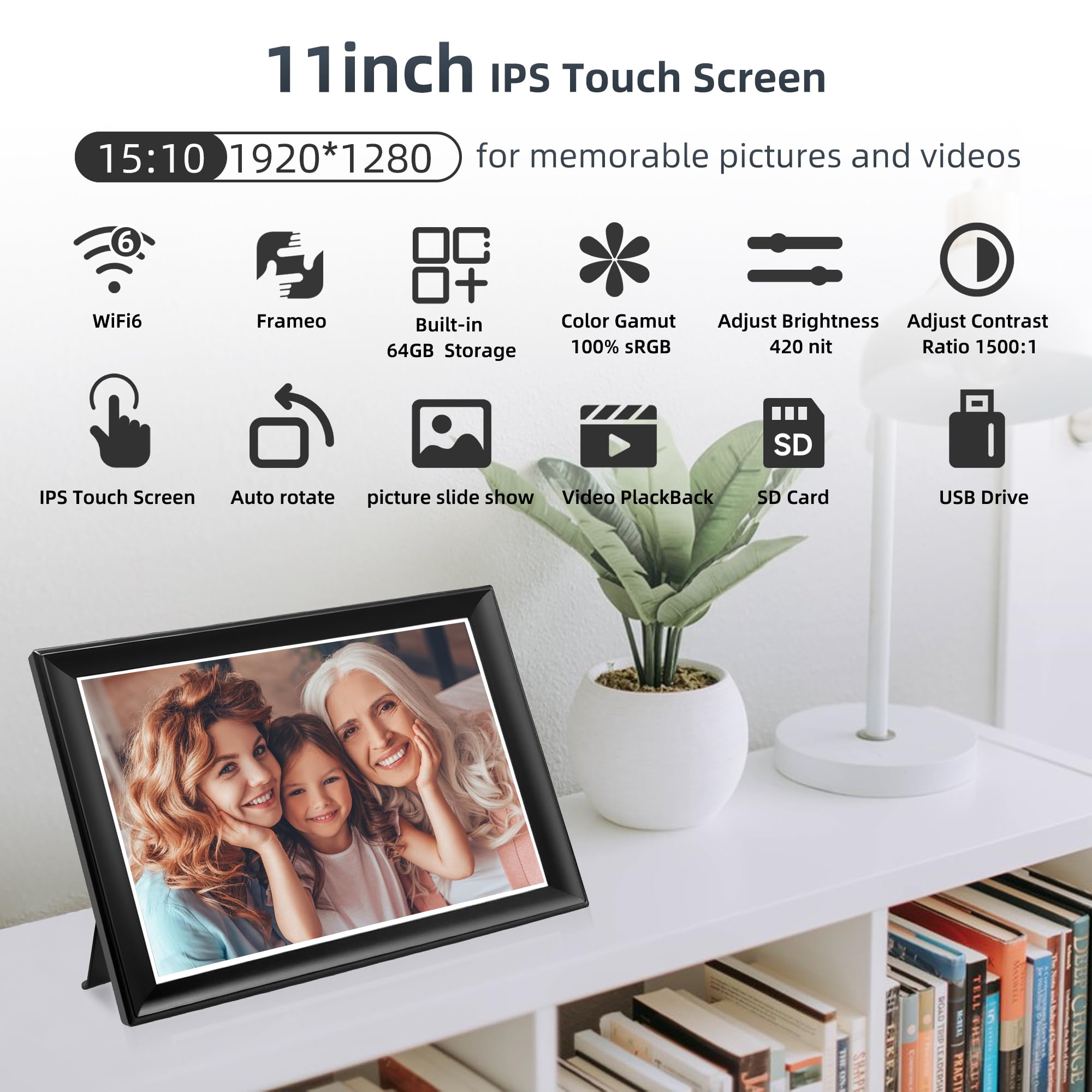 2K 64Gb 11Inch Digital Picture Frame Wifi6&5G Digital Photo Frame 1920X1280 Fhd Ips Touch Screen 100% Srgb,Share Photos & Videos