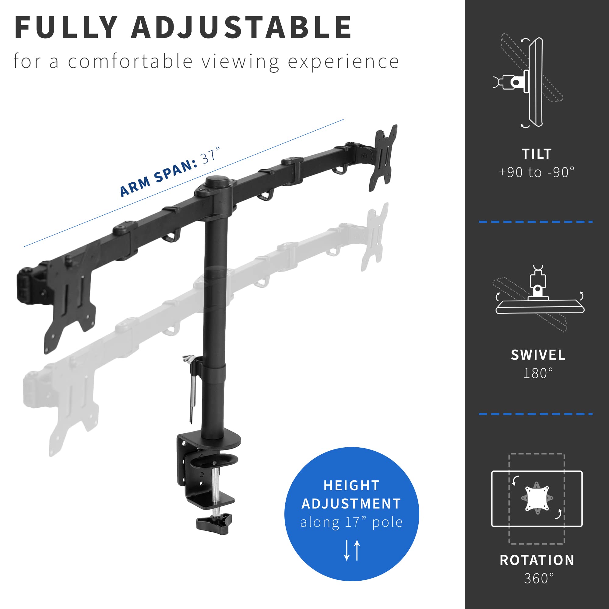 VIVO Full Motion Dual Monitor Desk Mount Clamp Stand VESA, Double Center Arm Joint, Holds 2 Screens up to 34 inches, STAND V102D