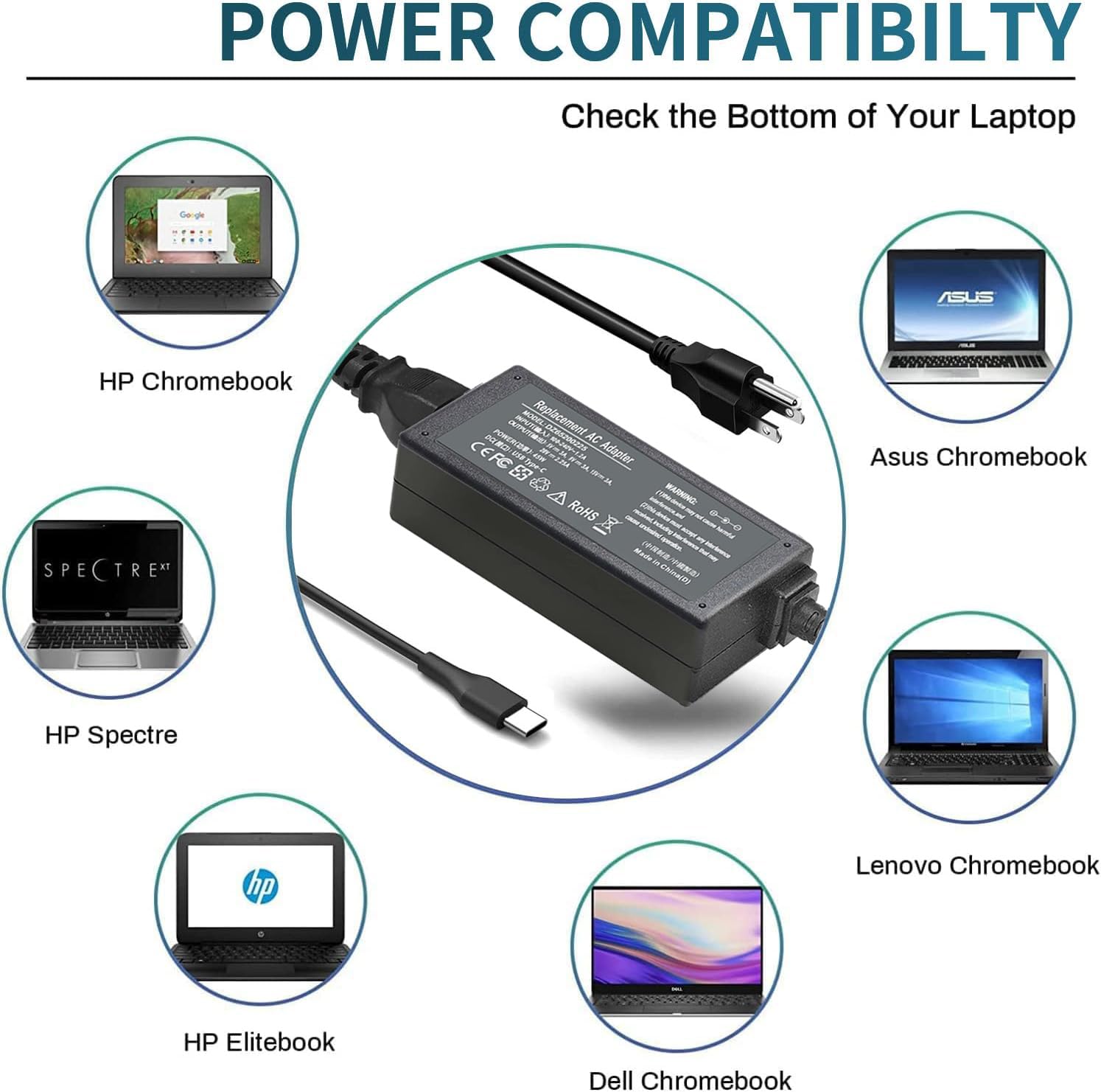 Chromebook Charger, 45W Usb C Laptop Charger For Hp Chromebook X360 14 14 Ca051Wm 14 Ca052Wm 14 Ca061Dx 14 Ca043Cl Chromebook Ch