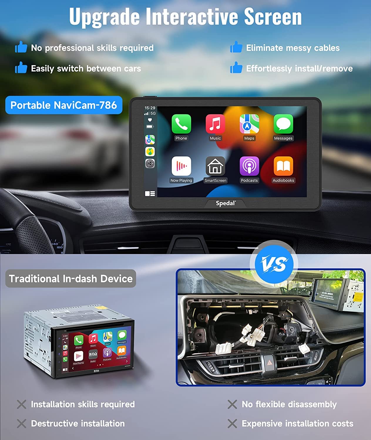 2024 Newest Portable Car Stereo With Wireless Carplay And Android Auto, Spedal Cl786 Carplay Screen For Car, 7'' Ips Touchscreen