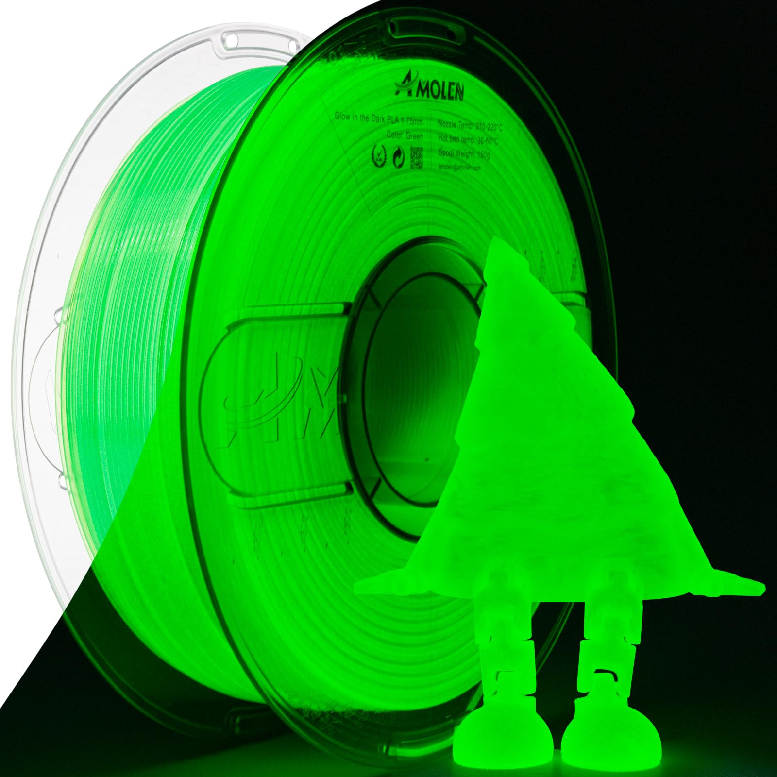 AMOLEN 3D PLA Printer Filament, 1.75mm Glow in The Dark Green PLA Filament for 3D Printing, Best with UV Lamps, 1kg Spool (2.2lb