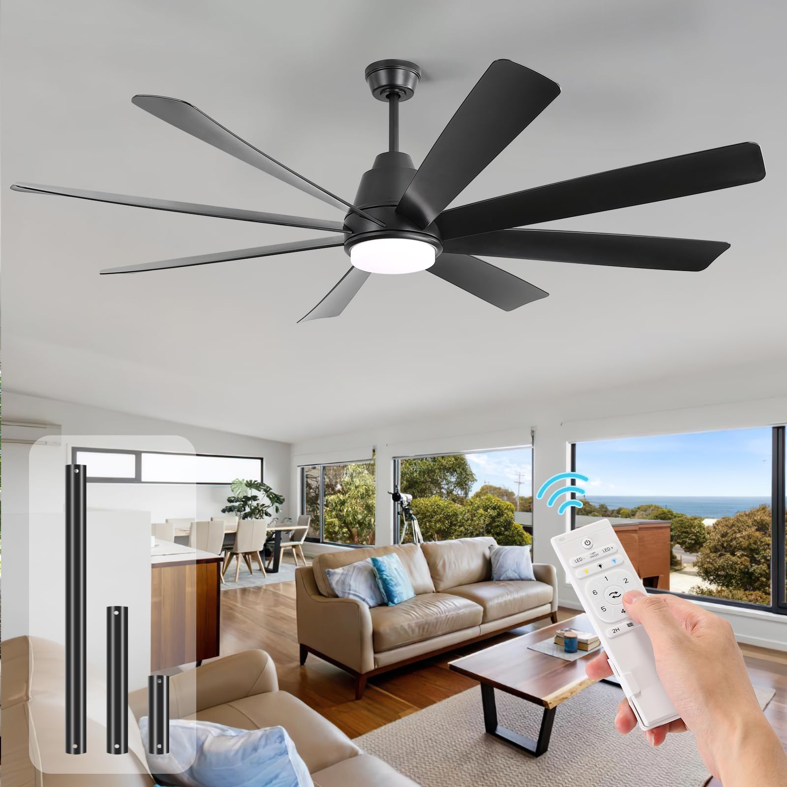 Sofucor 72 Inch Ceiling Fans with Lights and Remote, Large Black Ceiling Fan with Light 6-Speed 3 CCT Dimmable, Outdoor Ceiling 