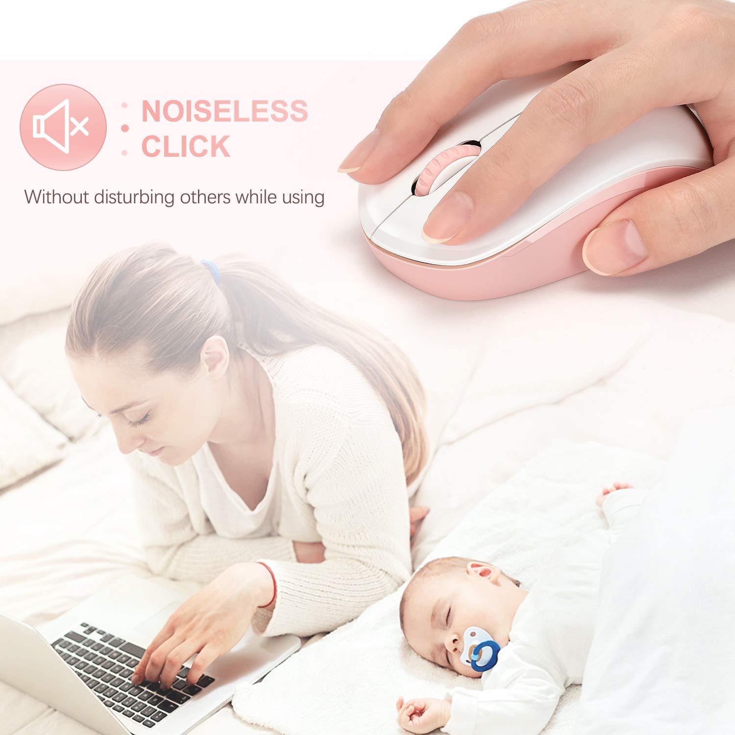 Seenda Wireless Mouse, 2.4G Noiseless Mouse With Usb Receiver Portable Computer Mice For Pc, Tablet, Laptop, Notebook   Pink & W